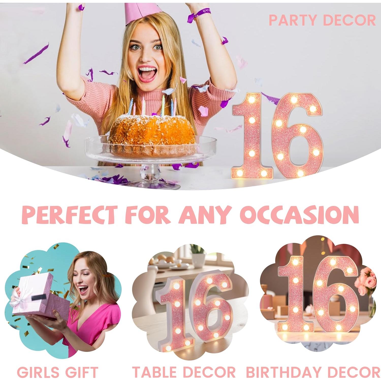 Números Iluminados LED Rosa Brillante 16 - Decoración Cumpleaños