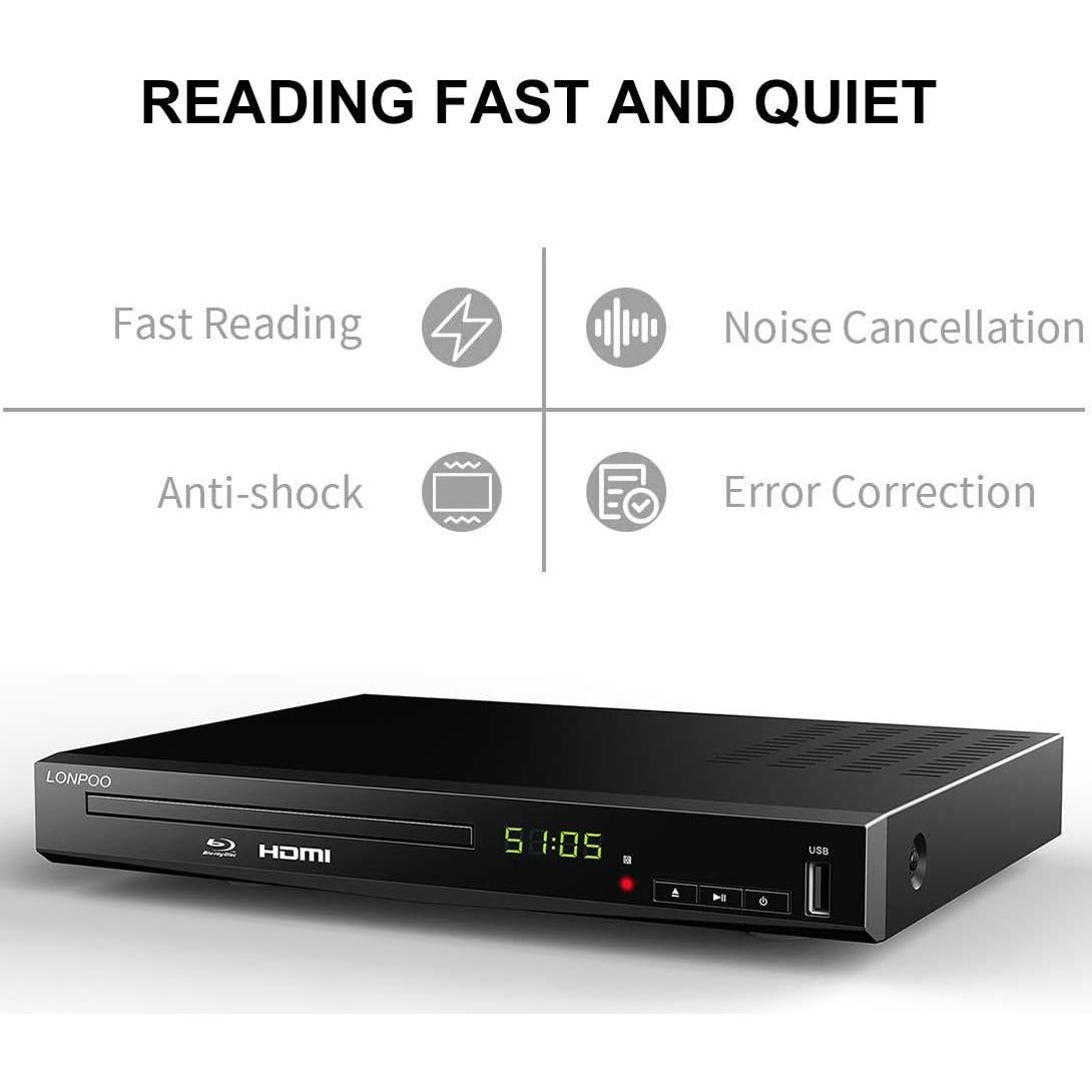 Reproductor Blu-Ray LONPOO HD 1080P Negro con HDMI y USB