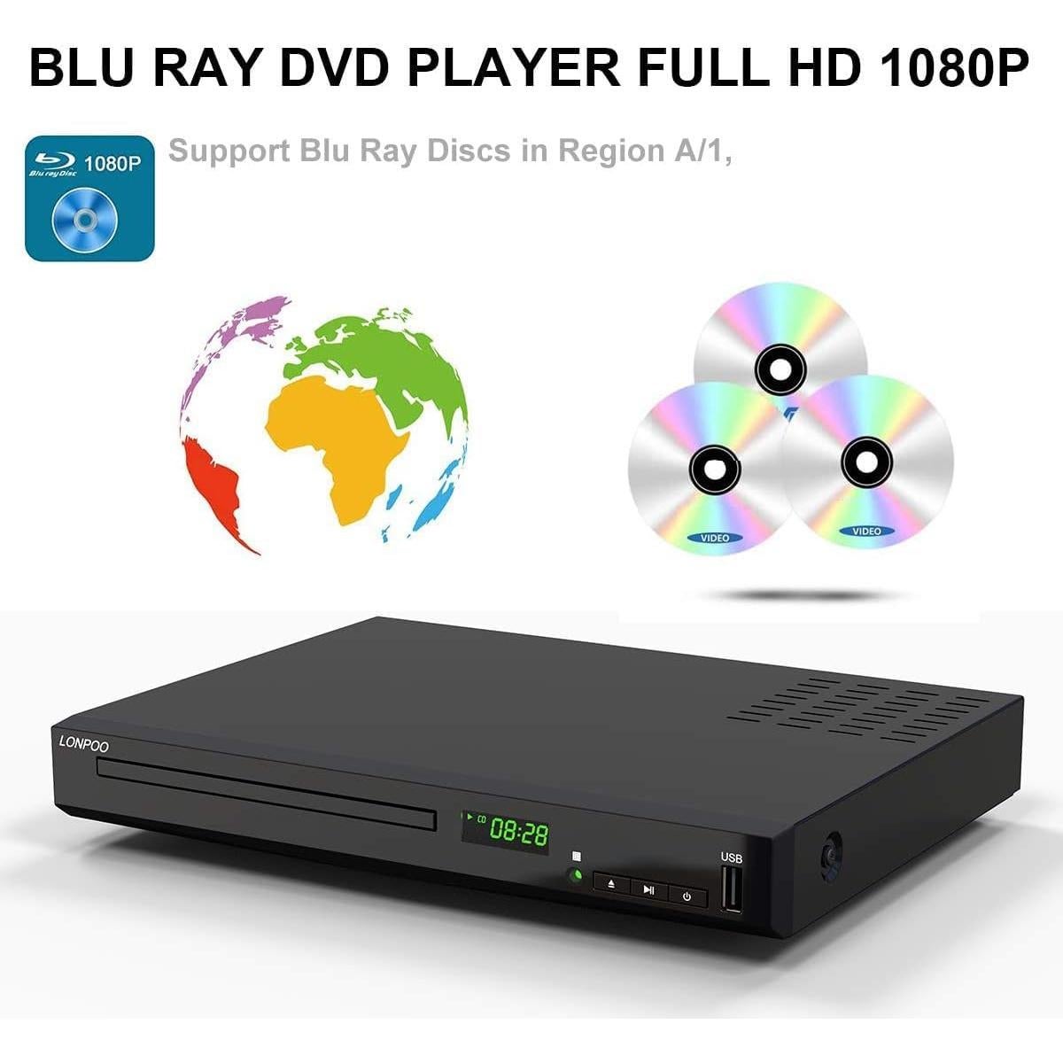 Reproductor Blu-Ray LONPOO HD 1080P Negro con HDMI y USB