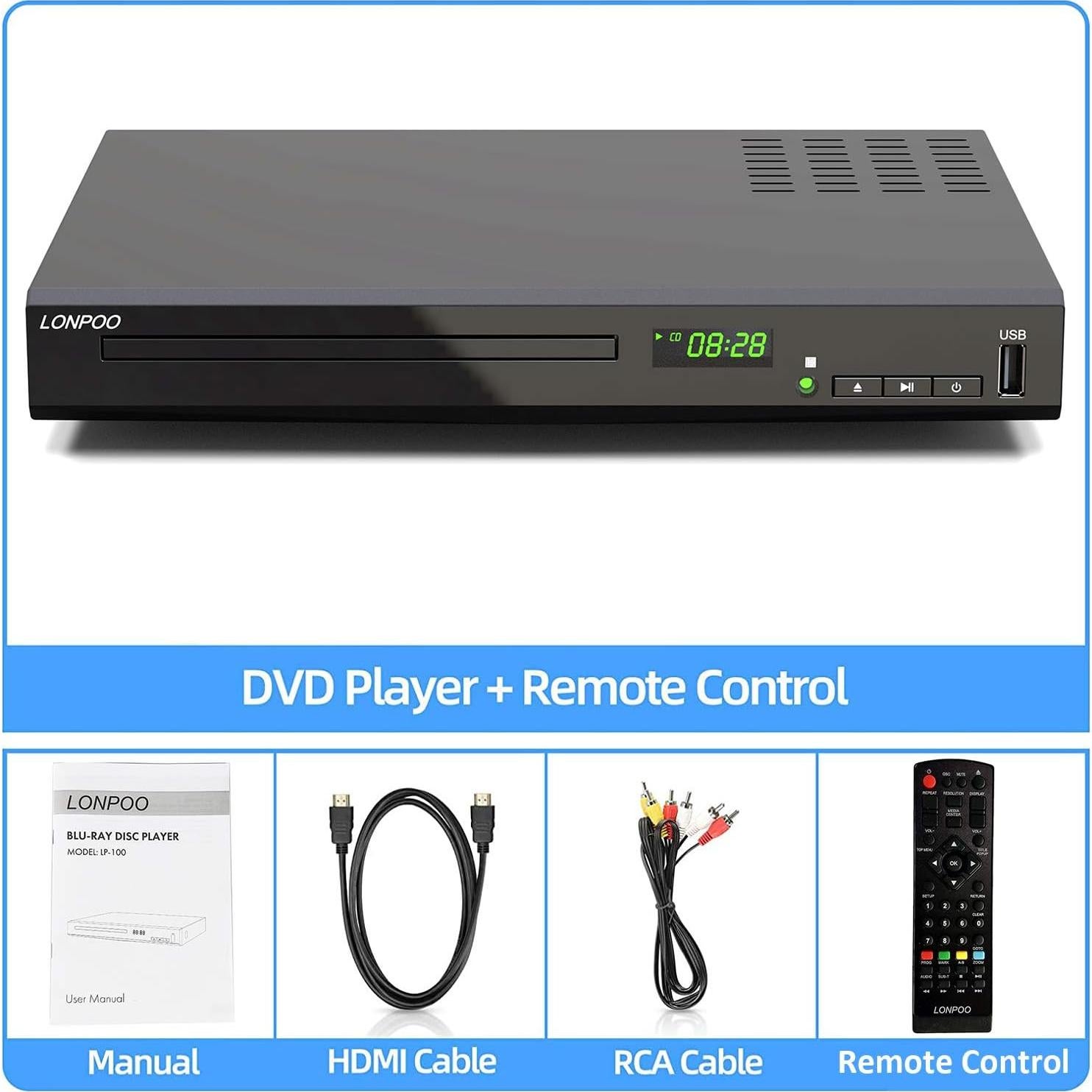 Reproductor Blu-Ray LONPOO HD 1080P Negro con HDMI y USB