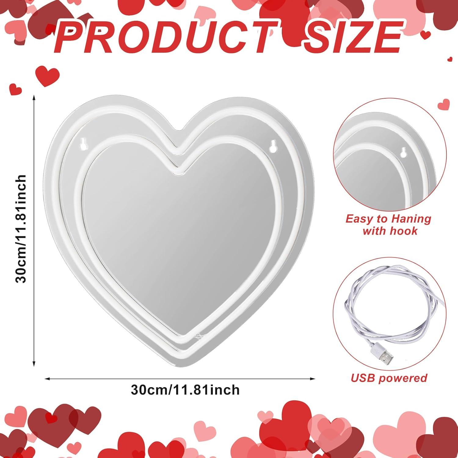 Espejo Neon Corazón LED Rosa 30.48 cm Decorativo Chitidr