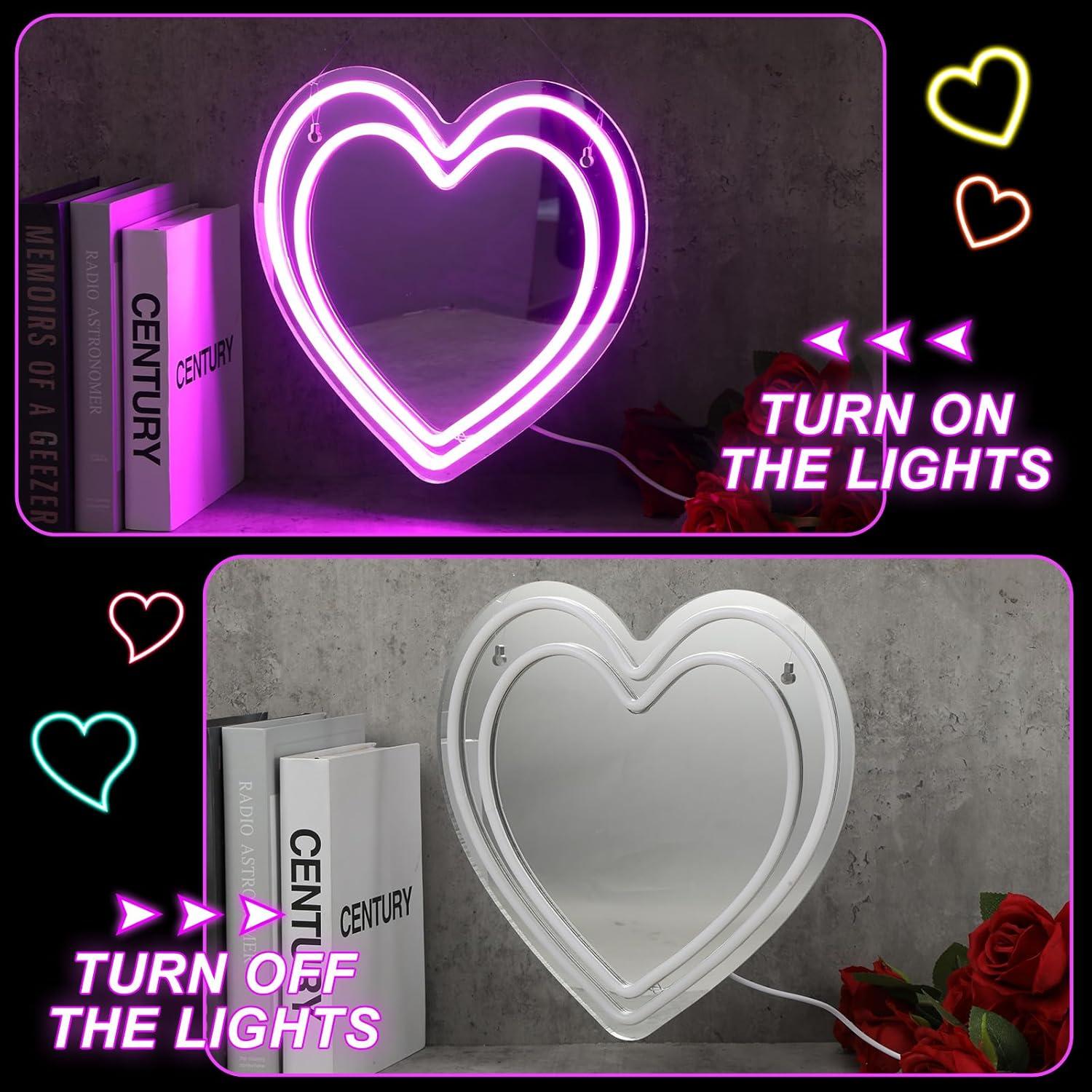Espejo Neon Corazón LED Rosa 30.48 cm Decorativo Chitidr