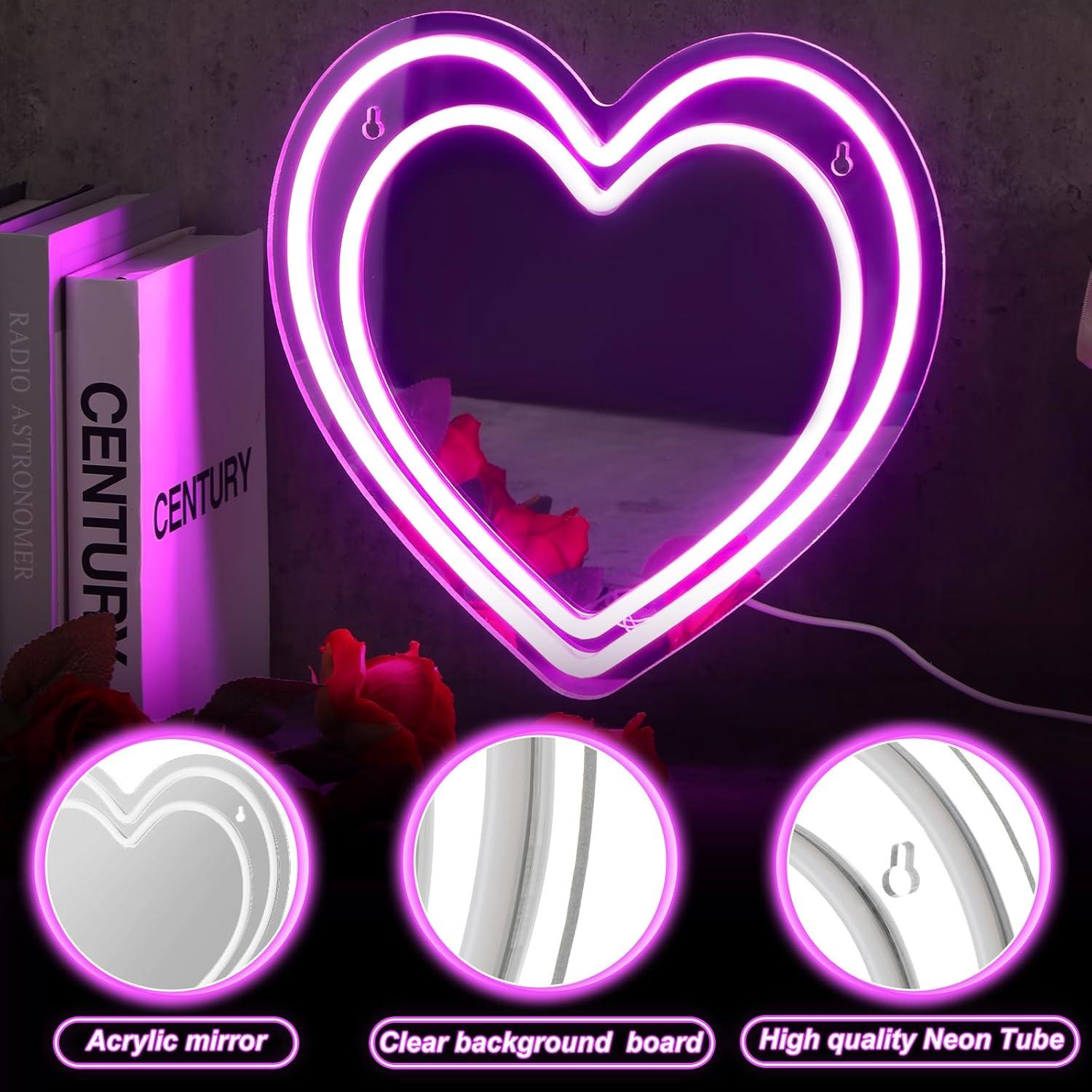 Espejo Neon Corazón LED Rosa 30.48 cm Decorativo Chitidr