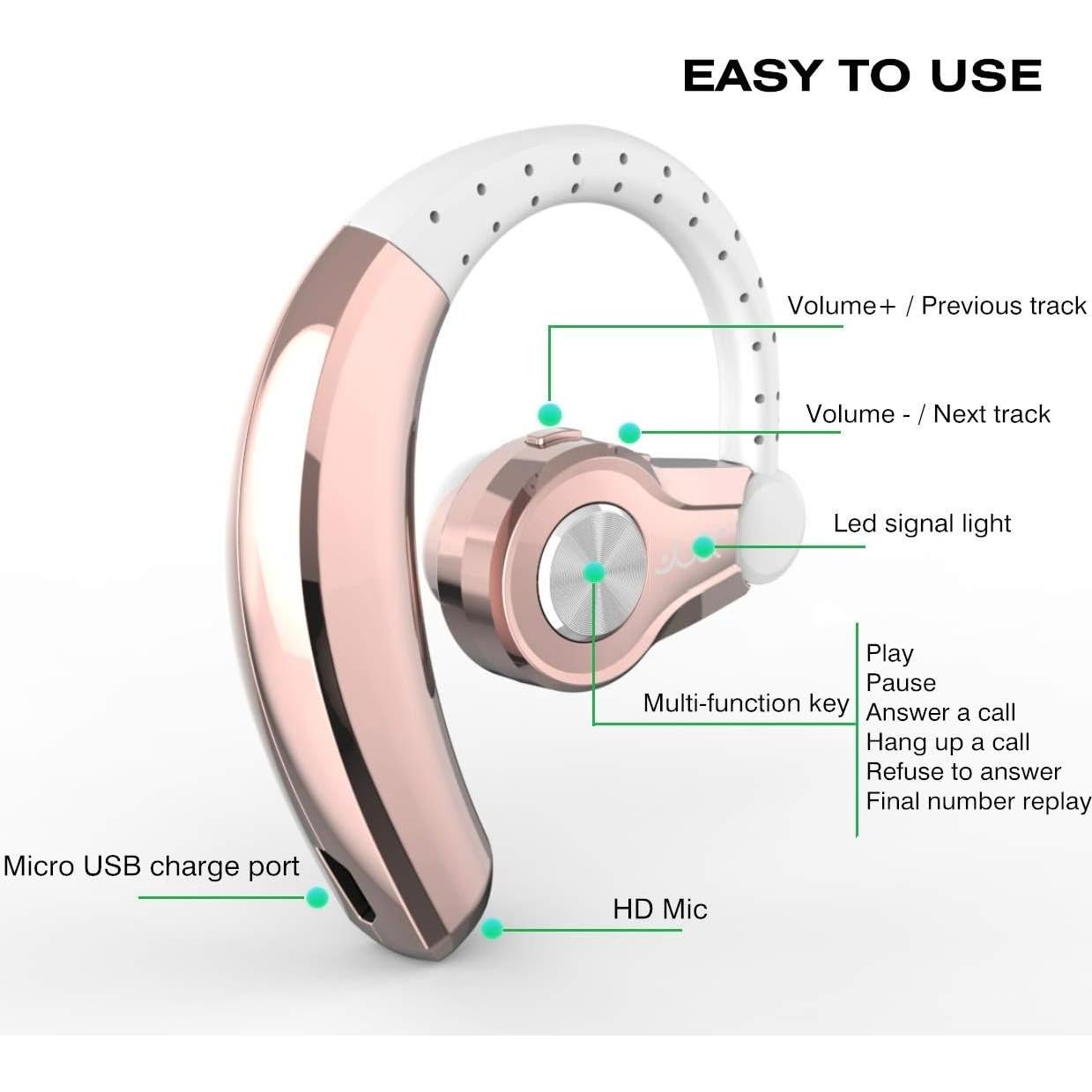 Auricular Inalámbrico PONYBRO T9 Oro Rosa, Sonido HiFi, 8h Batería