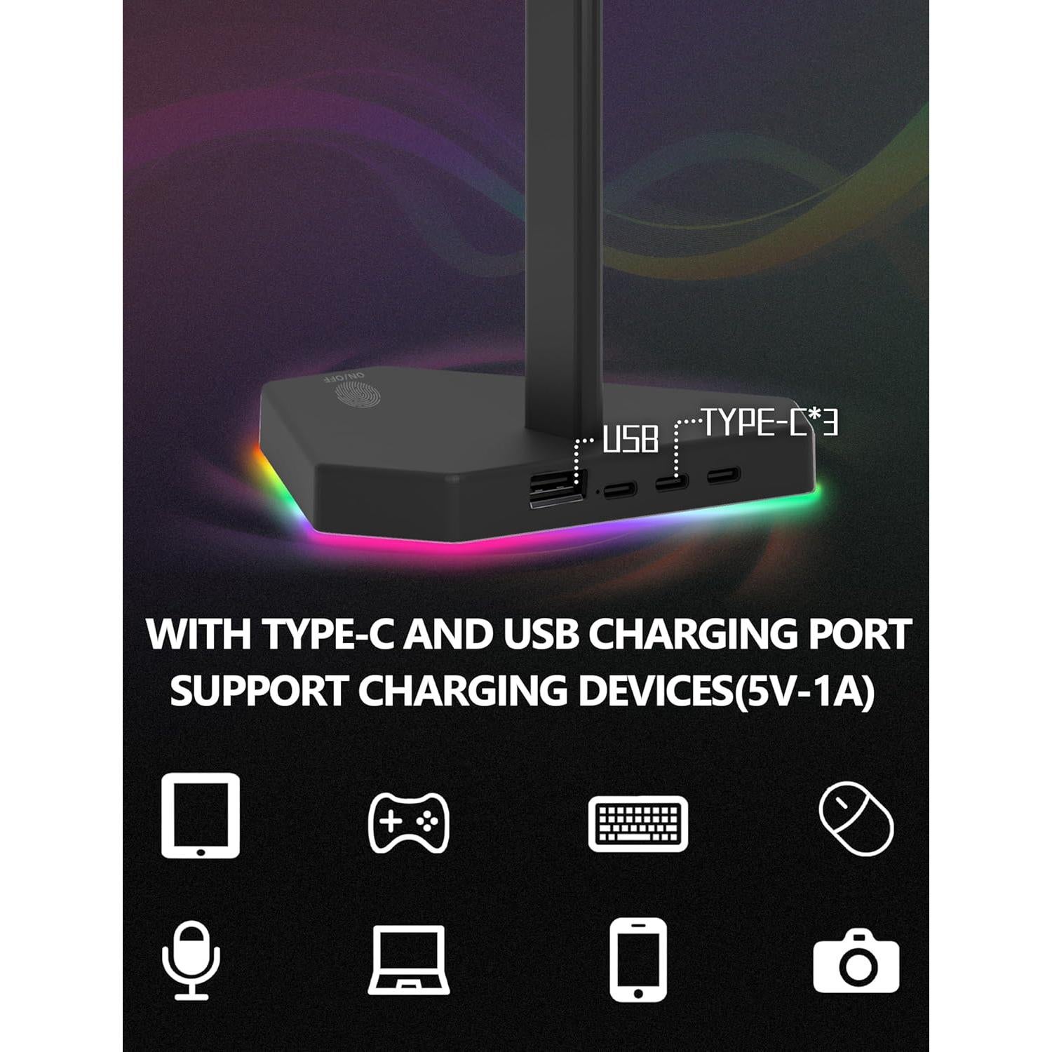 Soporte para Auriculares RGB Dongguan HS01 con 1 USB-C y 3 Cargas