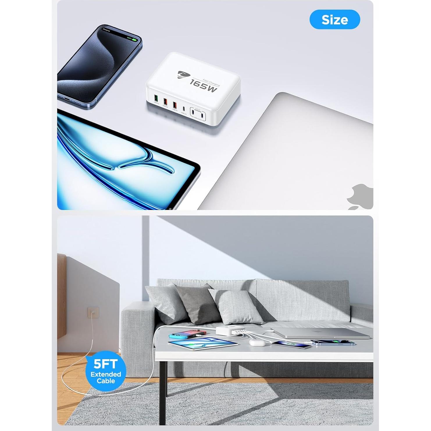 Cargador USB-C Aione 165W 6 Puertos Rápido PD 100W