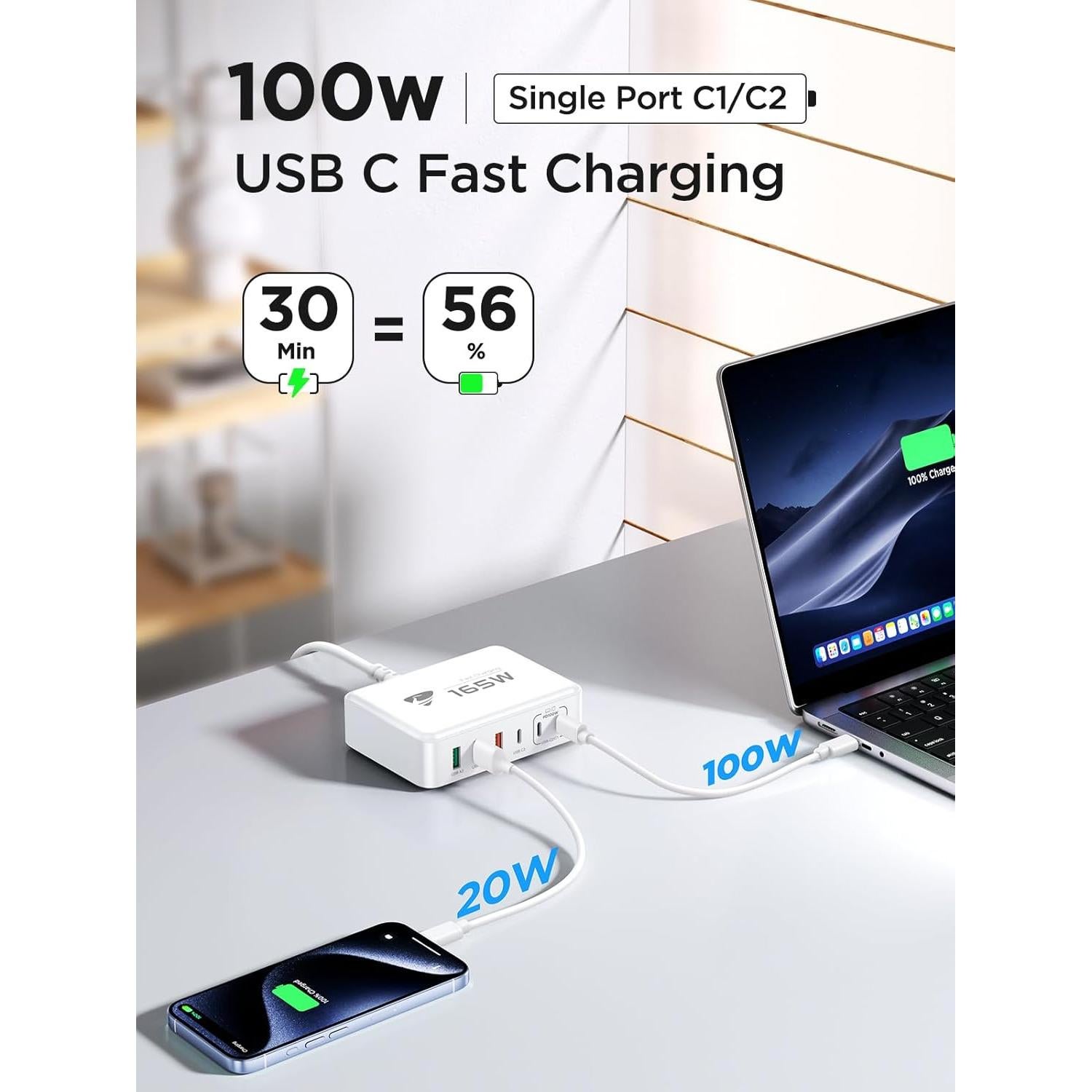 Cargador USB-C Aione 165W 6 Puertos Rápido PD 100W
