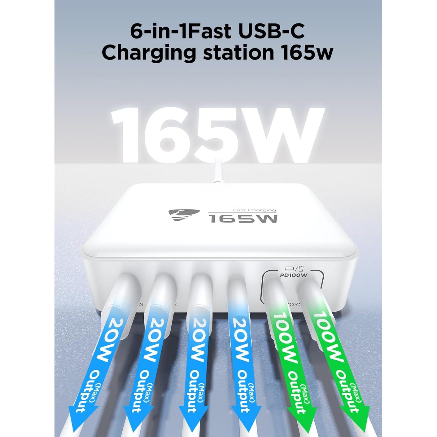 Cargador USB-C Aione 165W 6 Puertos Rápido PD 100W