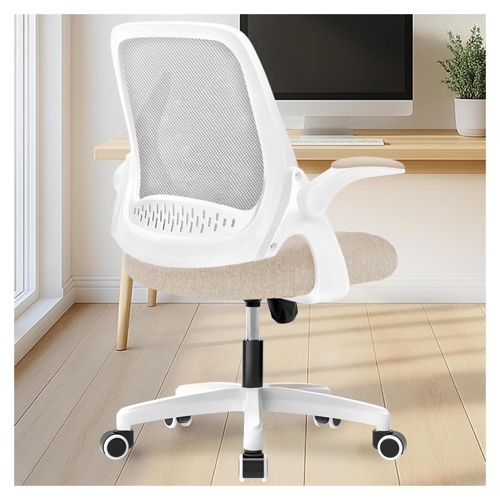 NEO CHAIR Office Desk Computer Gaming Ergonomic Chair with Lumbar Back Support Adjustable Height Swivel Wheels Flip-up Arms Mesh Chair for Home or Office (Beige)
