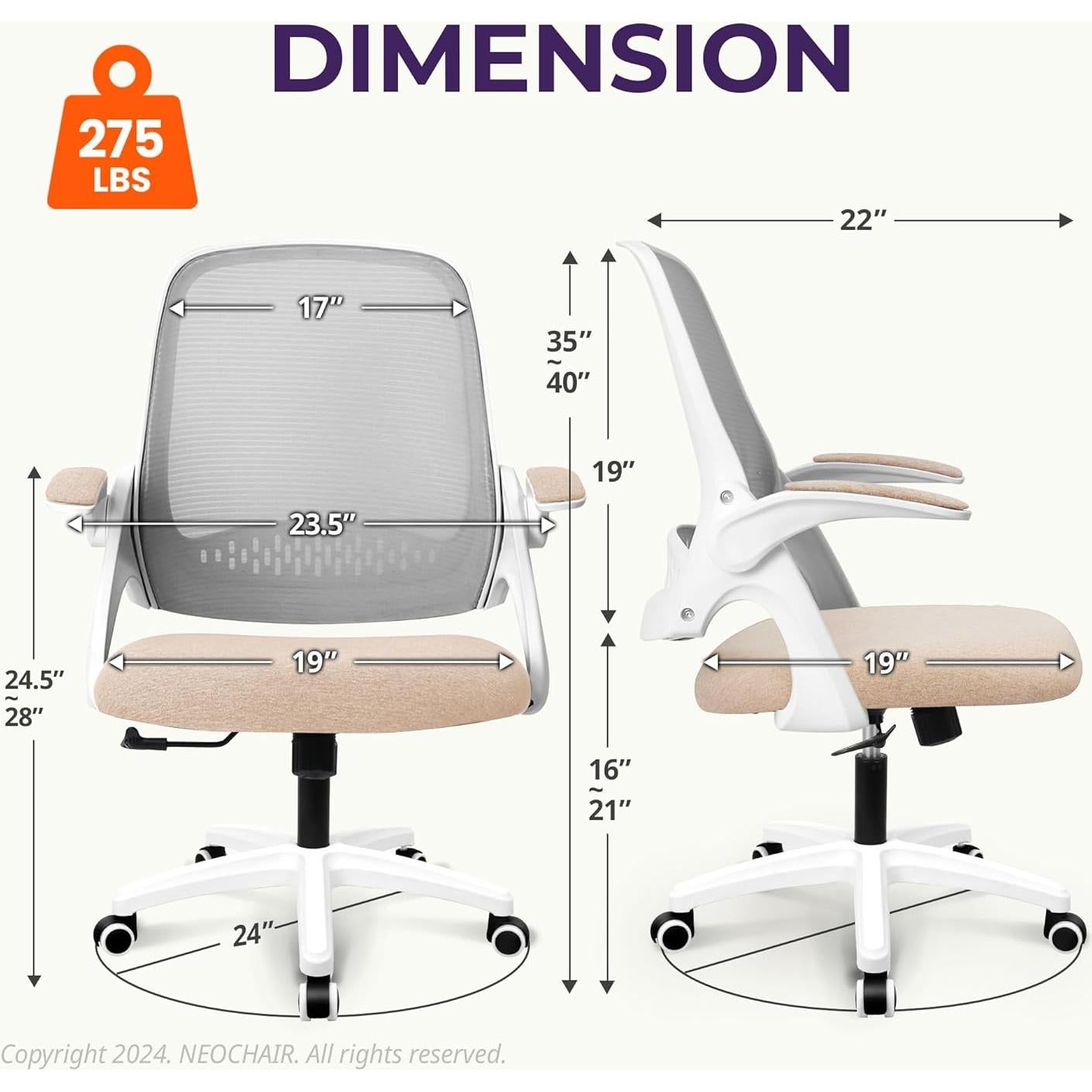 NEO CHAIR Office Desk Computer Gaming Ergonomic Chair with Lumbar Back Support Adjustable Height Swivel Wheels Flip-up Arms Mesh Chair for Home or Office (Beige)