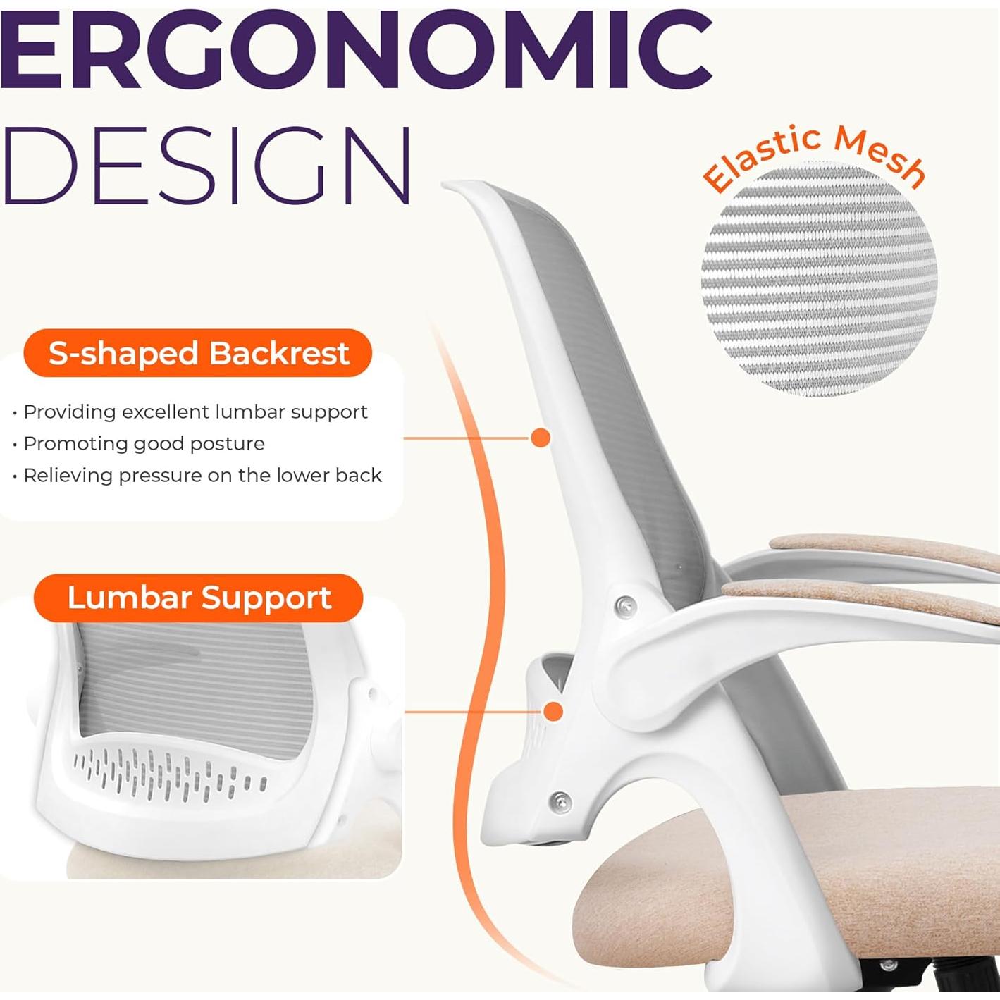 NEO CHAIR Office Desk Computer Gaming Ergonomic Chair with Lumbar Back Support Adjustable Height Swivel Wheels Flip-up Arms Mesh Chair for Home or Office (Beige)