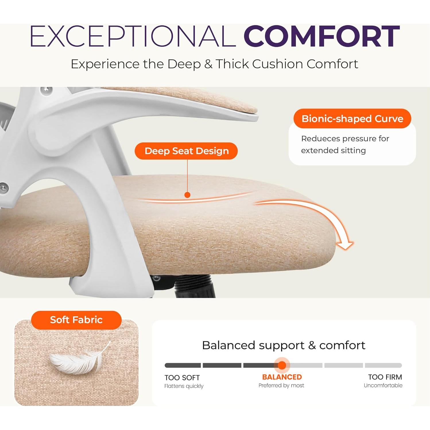 NEO CHAIR Office Desk Computer Gaming Ergonomic Chair with Lumbar Back Support Adjustable Height Swivel Wheels Flip-up Arms Mesh Chair for Home or Office (Beige)