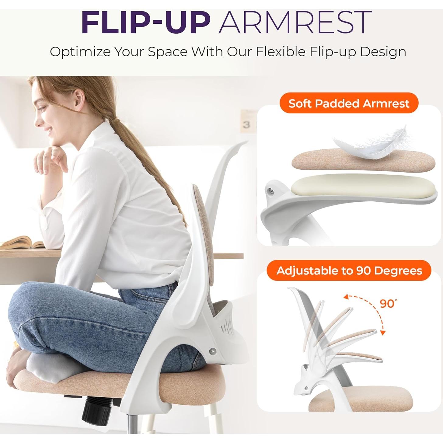 NEO CHAIR Office Desk Computer Gaming Ergonomic Chair with Lumbar Back Support Adjustable Height Swivel Wheels Flip-up Arms Mesh Chair for Home or Office (Beige)