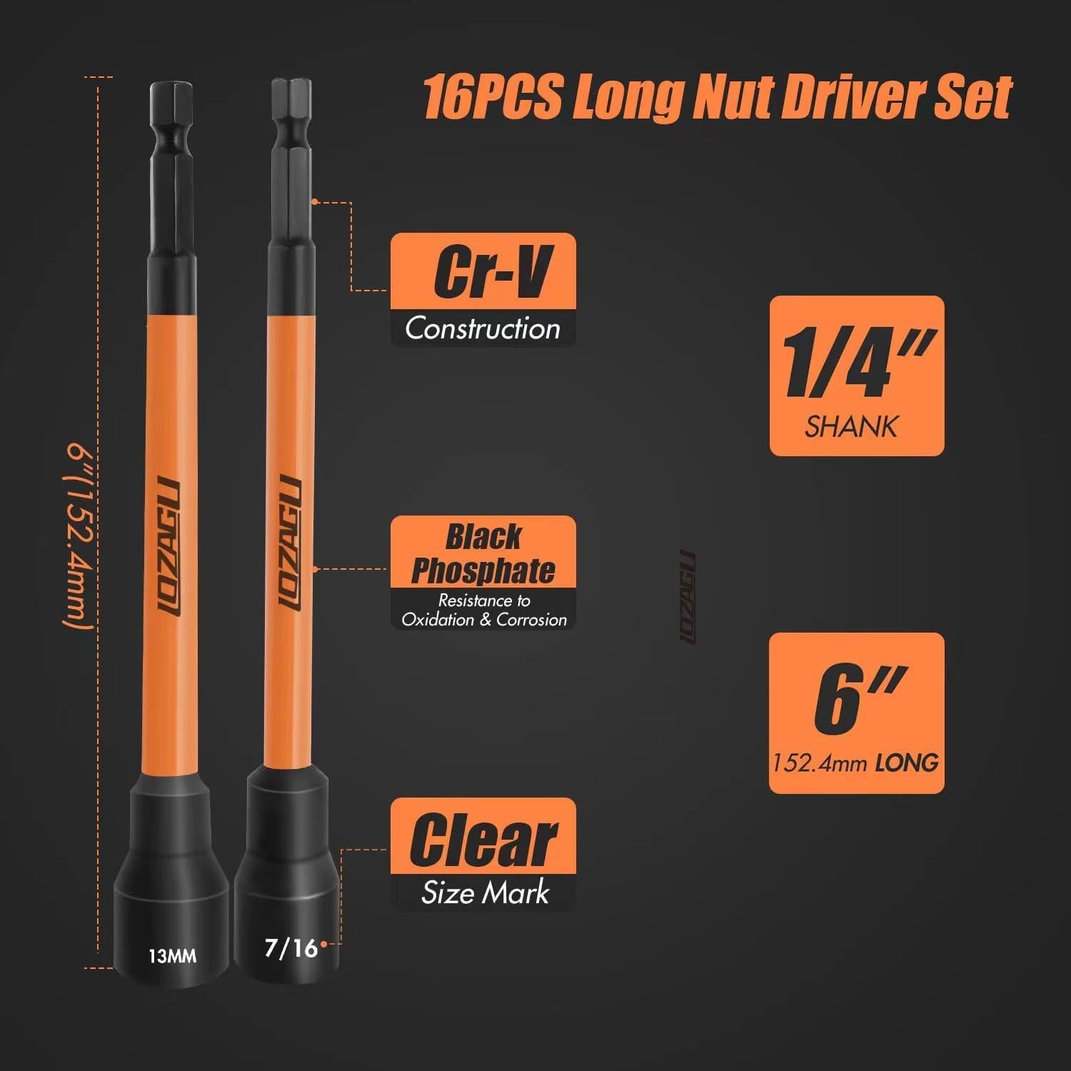Juego de 16 Destornilladores Magnéticos LOZAGU 6" SAE y Métrico