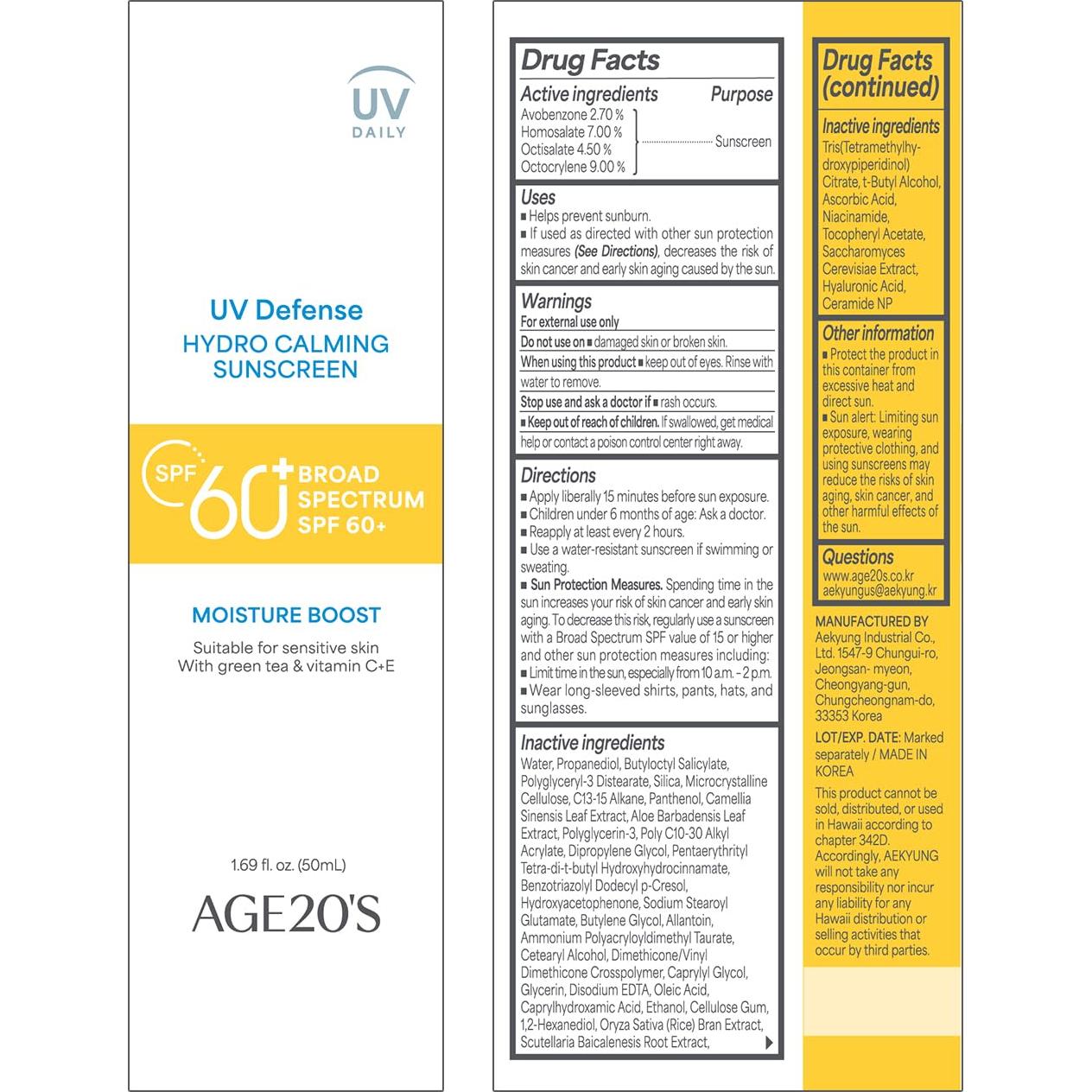 AGE20'S Protector Solar Hidratante SPF 60+ Té Verde Aloe Vera 50ml