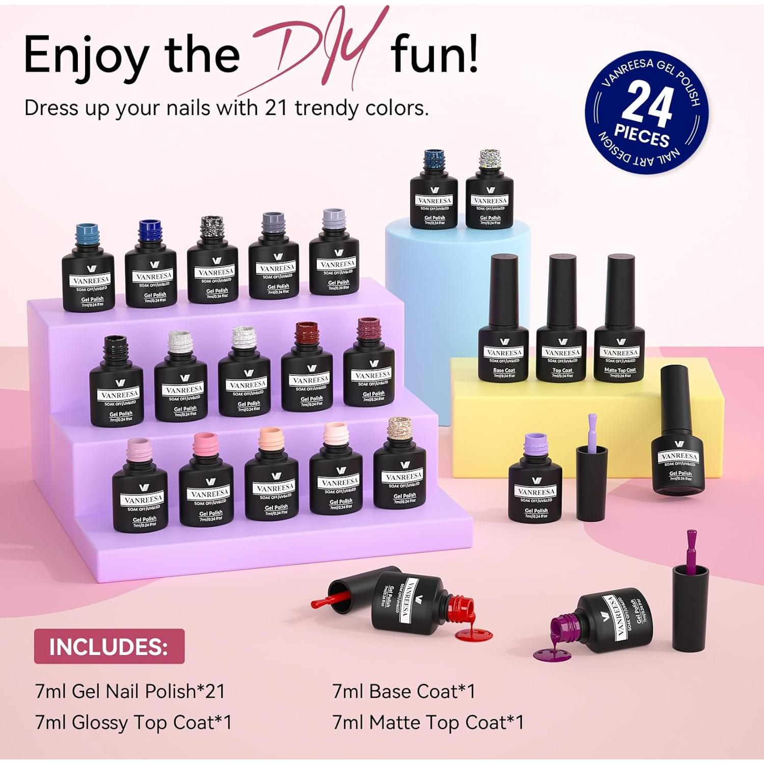 Set de 24 Esmaltes de Uñas en Gel VANREESA - 21 Colores + Base y Top Coat