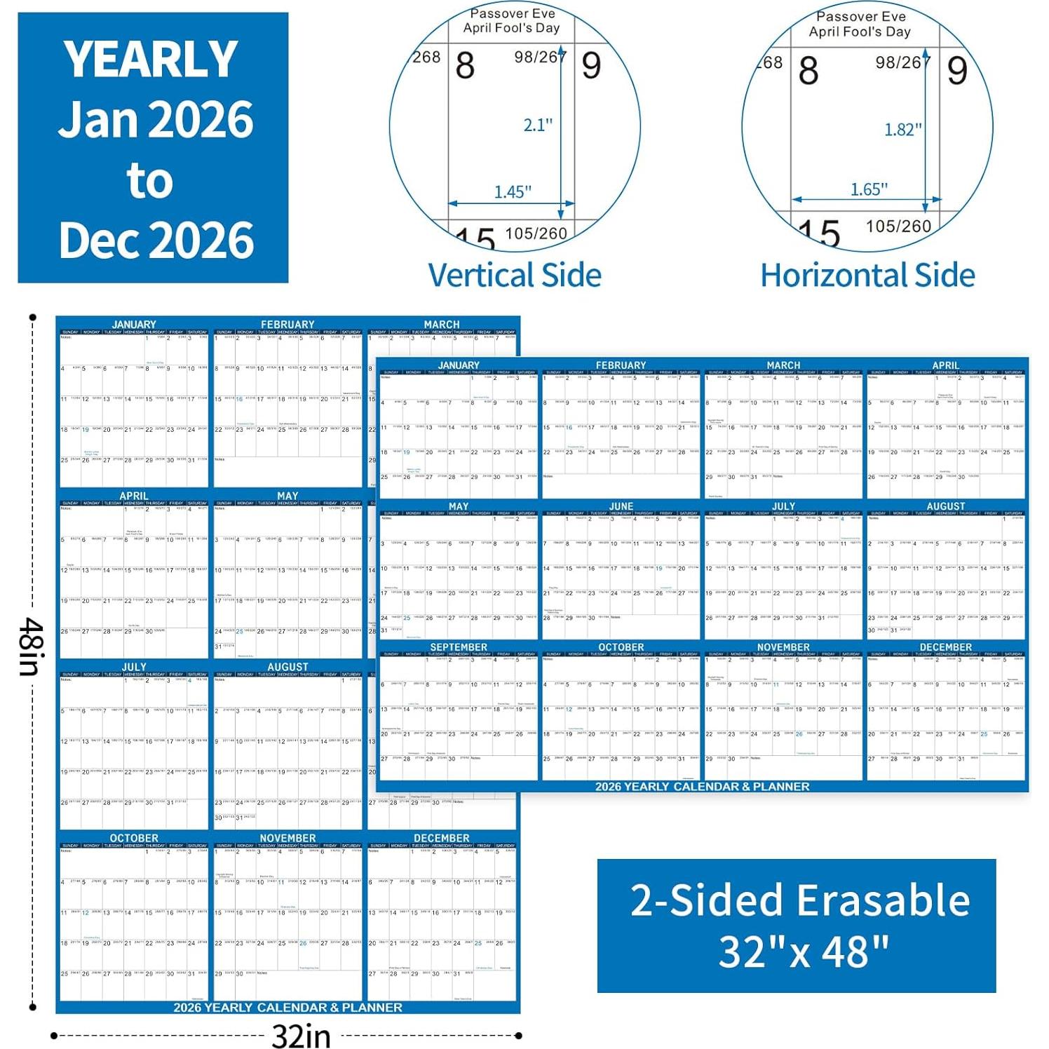 Calendario de Pared Borrable Kuraoyan 2026 81x122 cm Azul