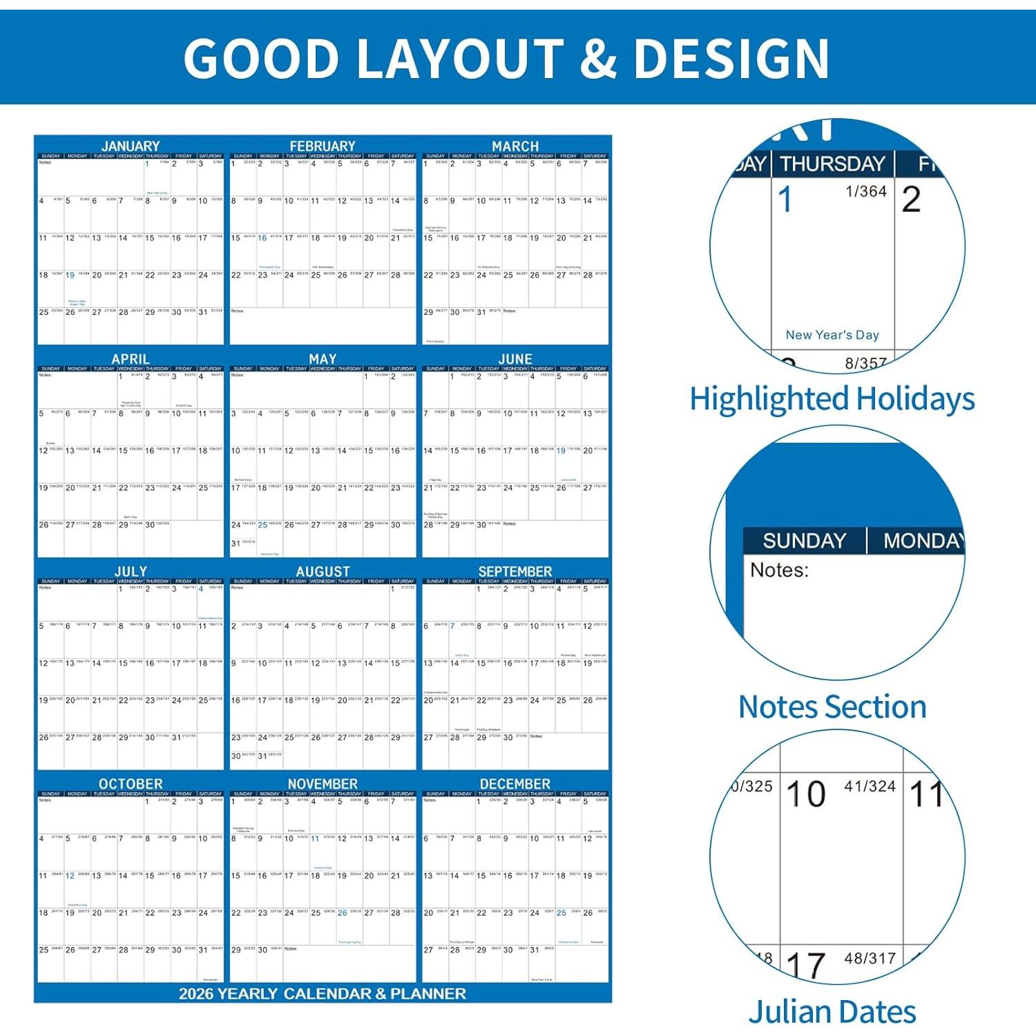 Calendario de Pared Borrable Kuraoyan 2026 81x122 cm Azul