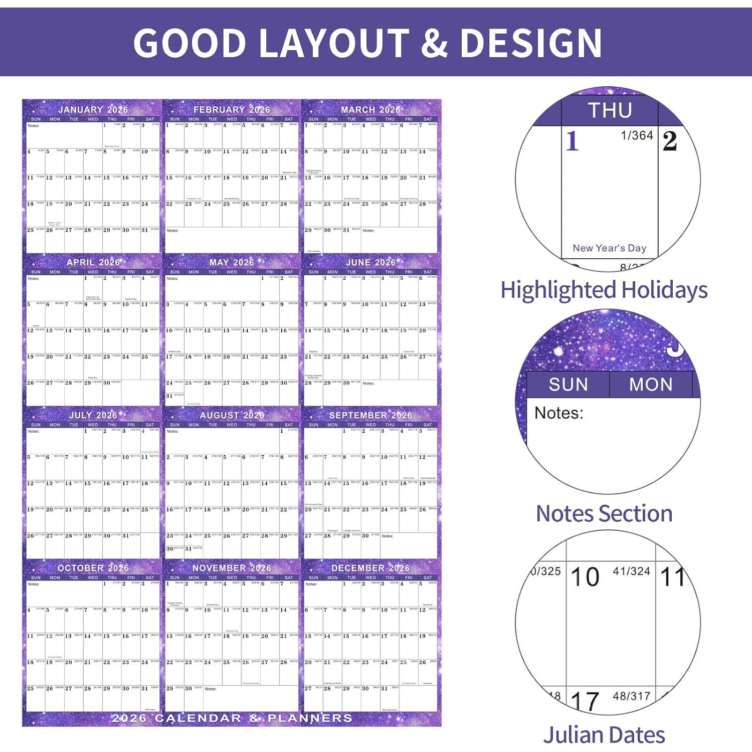 Calendario de Pared Borrable Kuraoyan 2026 61x91 cm Púrpura