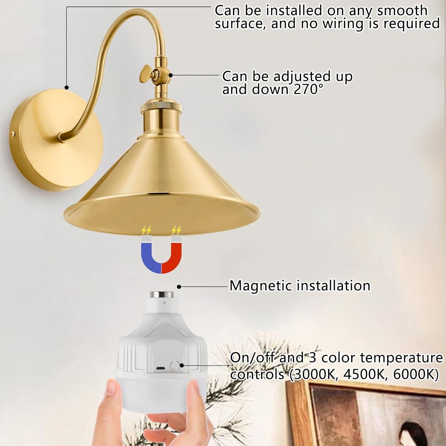 Aplique de Pared Inalámbrico Pillctvel Dorado - Juego de 2 Luces LED