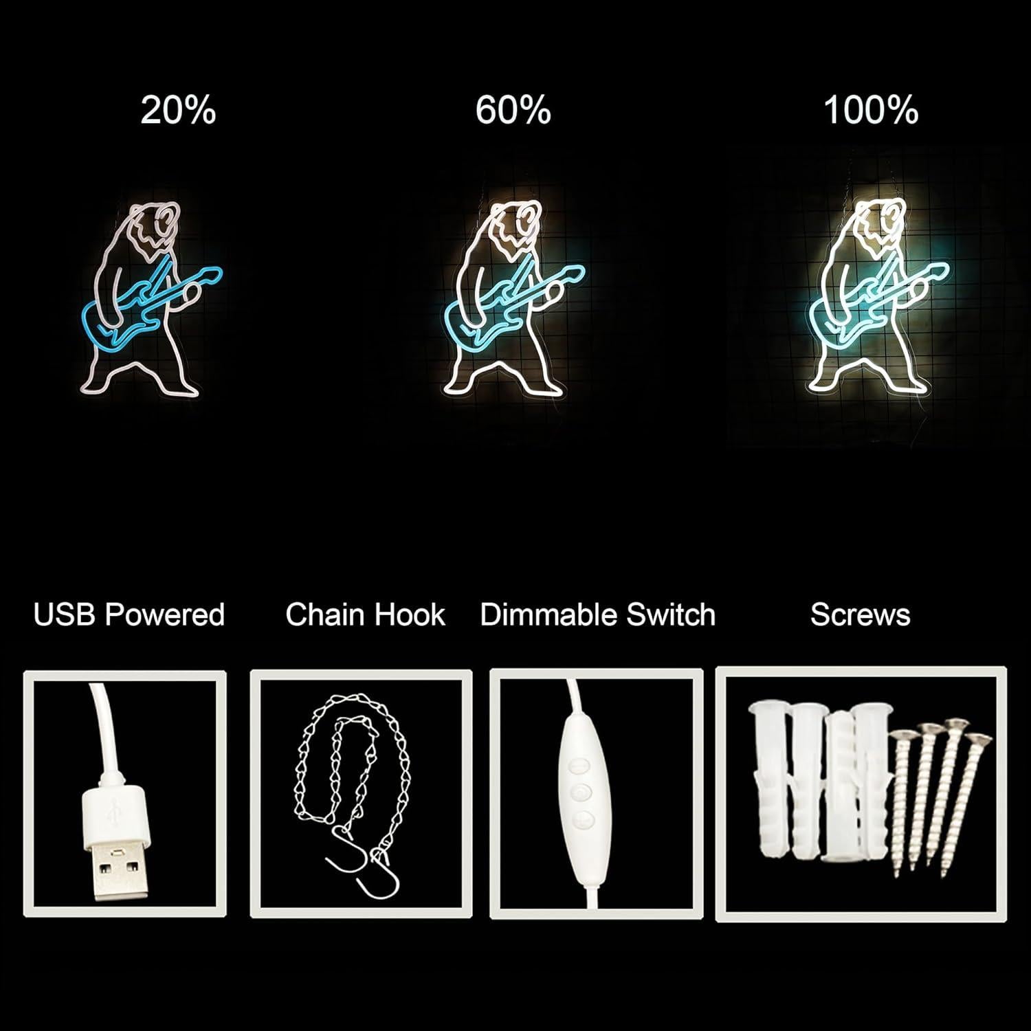 Luz de Neón Oso Polar Guitarrista LED 43x33 cm