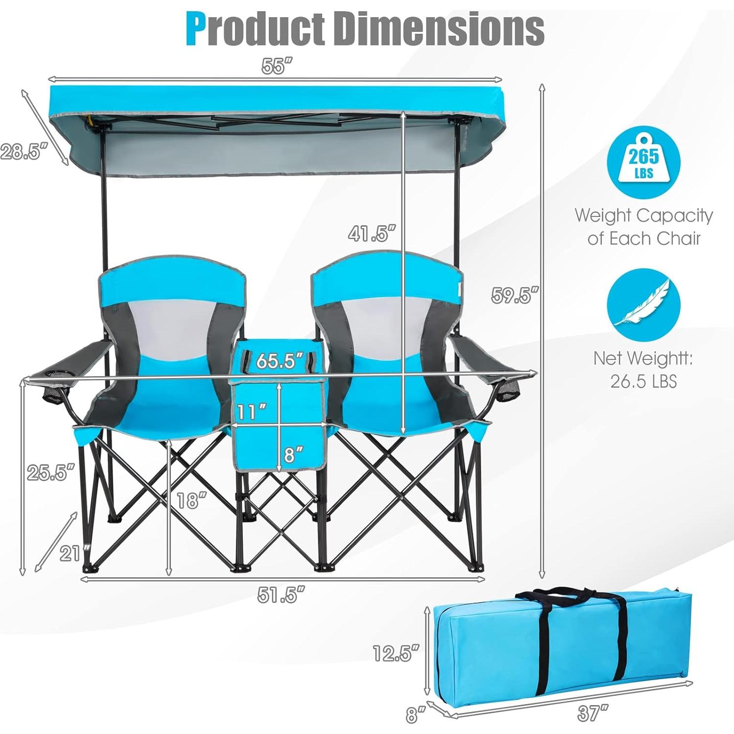 Silla de Camping Loveseat Tangkula Azul Plegable con Dosel
