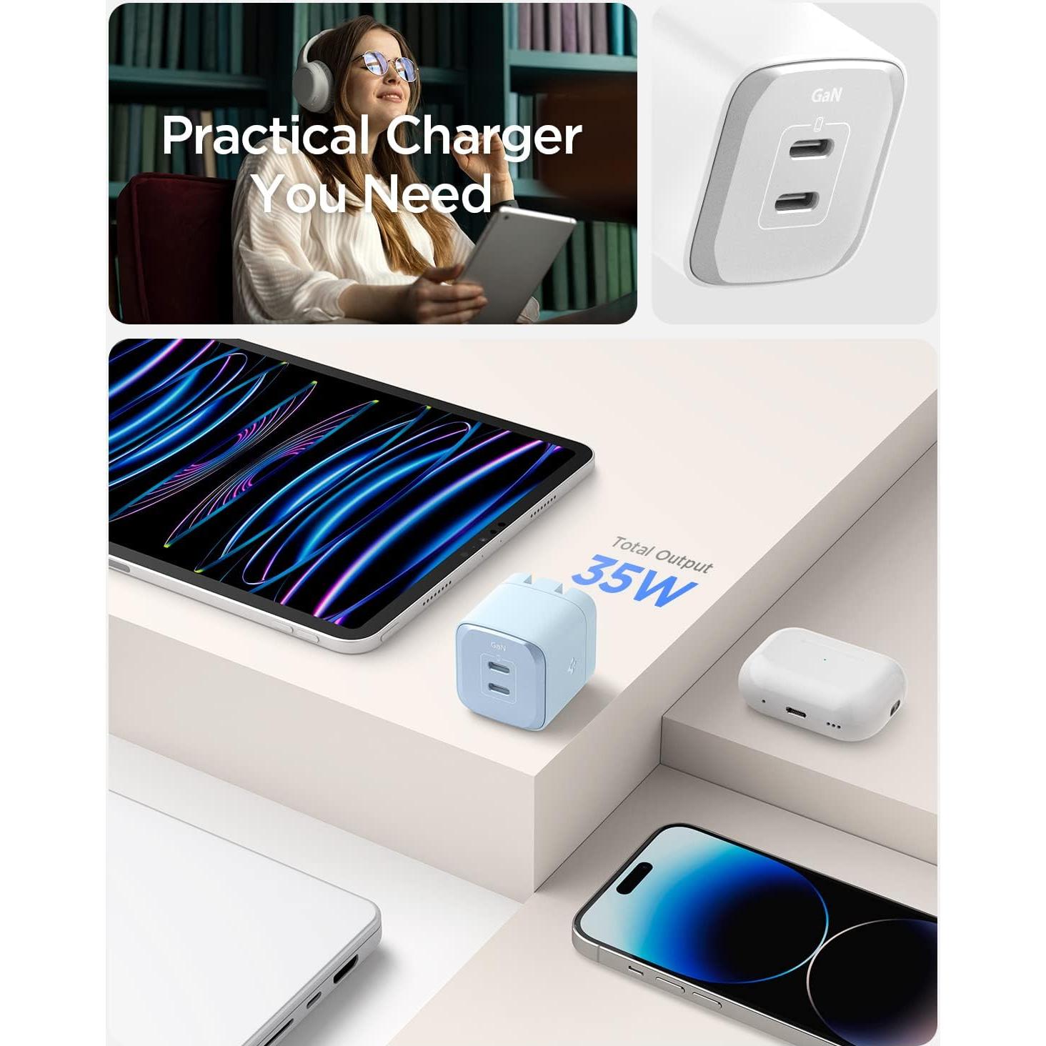 Cargador de Pared USB-C Spigen GaN 352 35W 2 Puertos Blanco