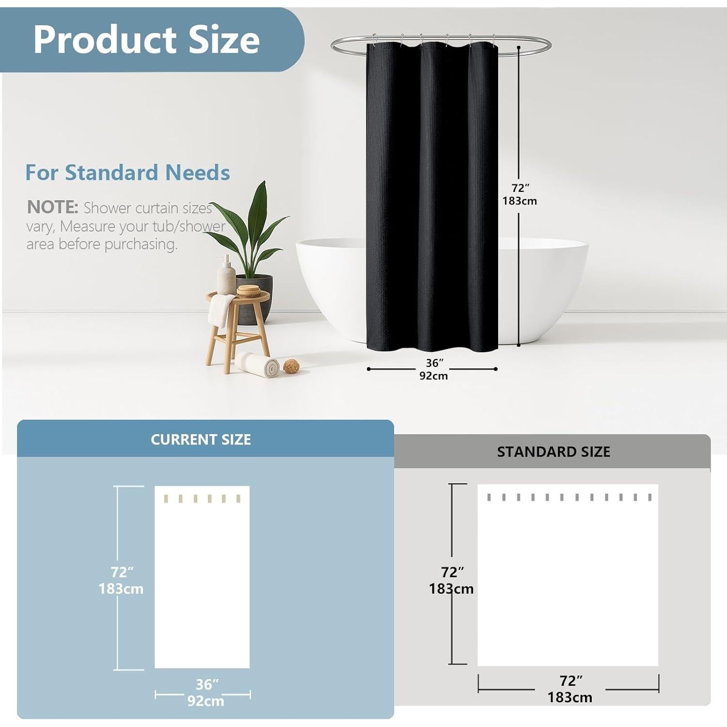 Cortina de Ducha de Tela OVZME Negra 91x183 cm Resistente al Agua