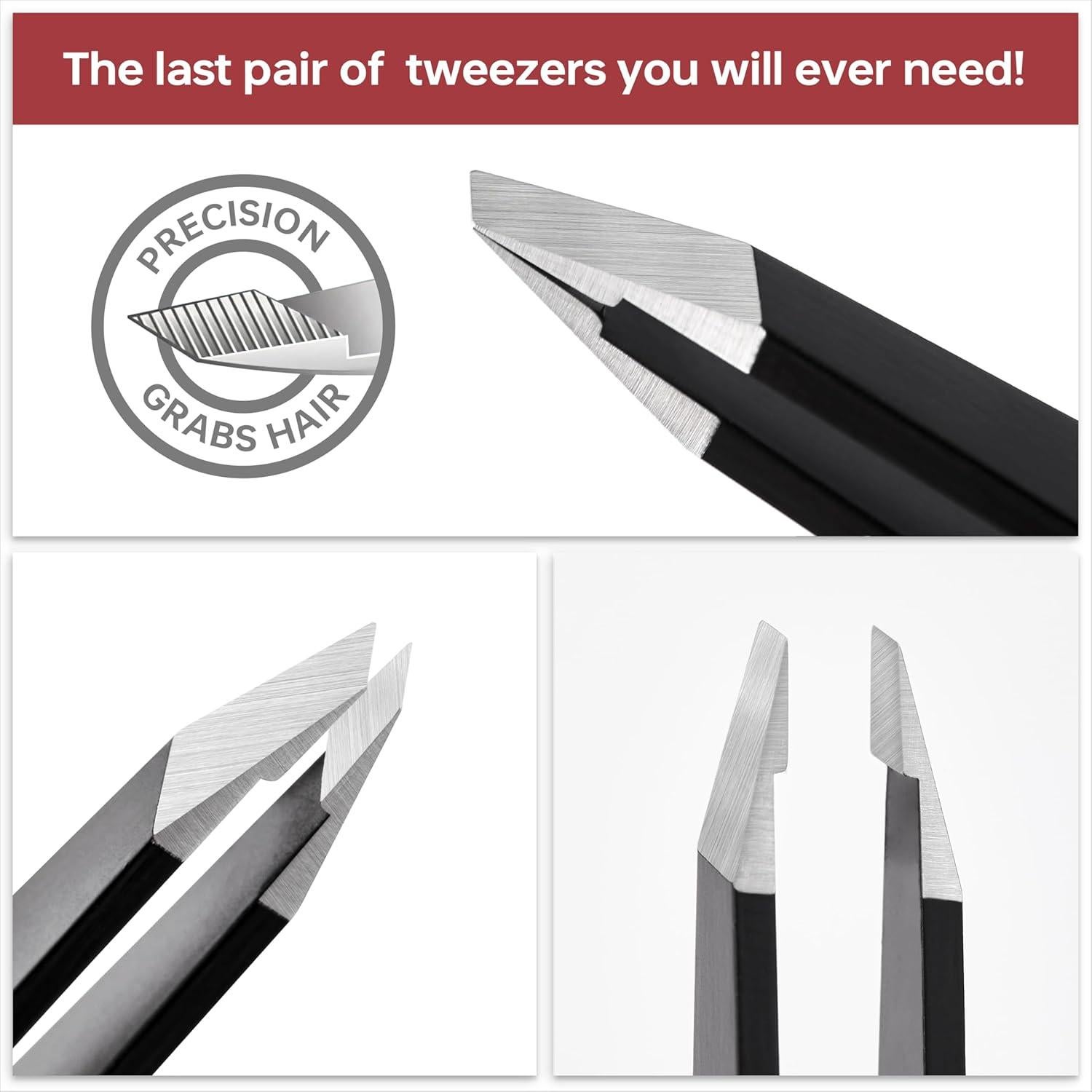 Tweezers for Women Facial Hair, Precision Slant Eyebrow Tweezers, Sharp Plucker for Remove Hair and Blackhead, With Travel Case