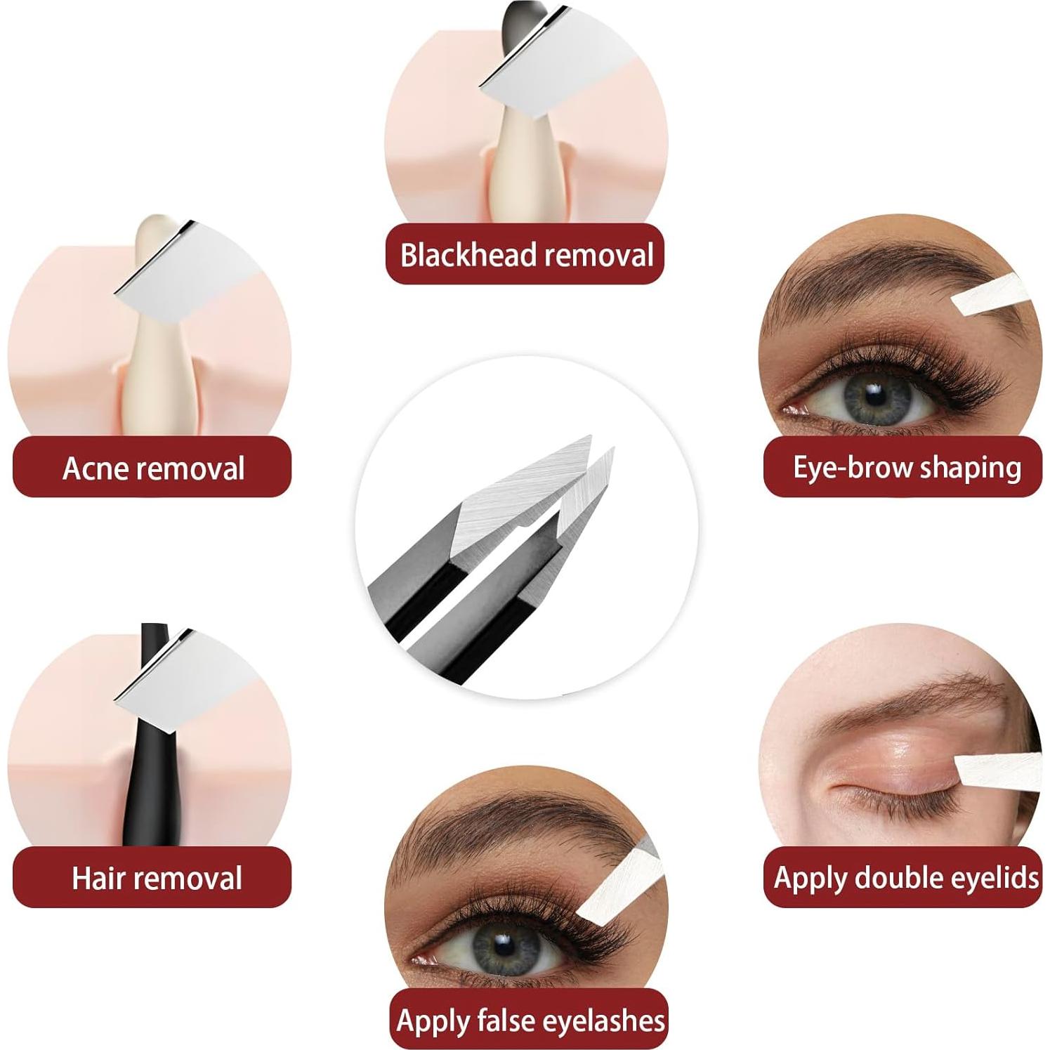 Tweezers for Women Facial Hair, Precision Slant Eyebrow Tweezers, Sharp Plucker for Remove Hair and Blackhead, With Travel Case