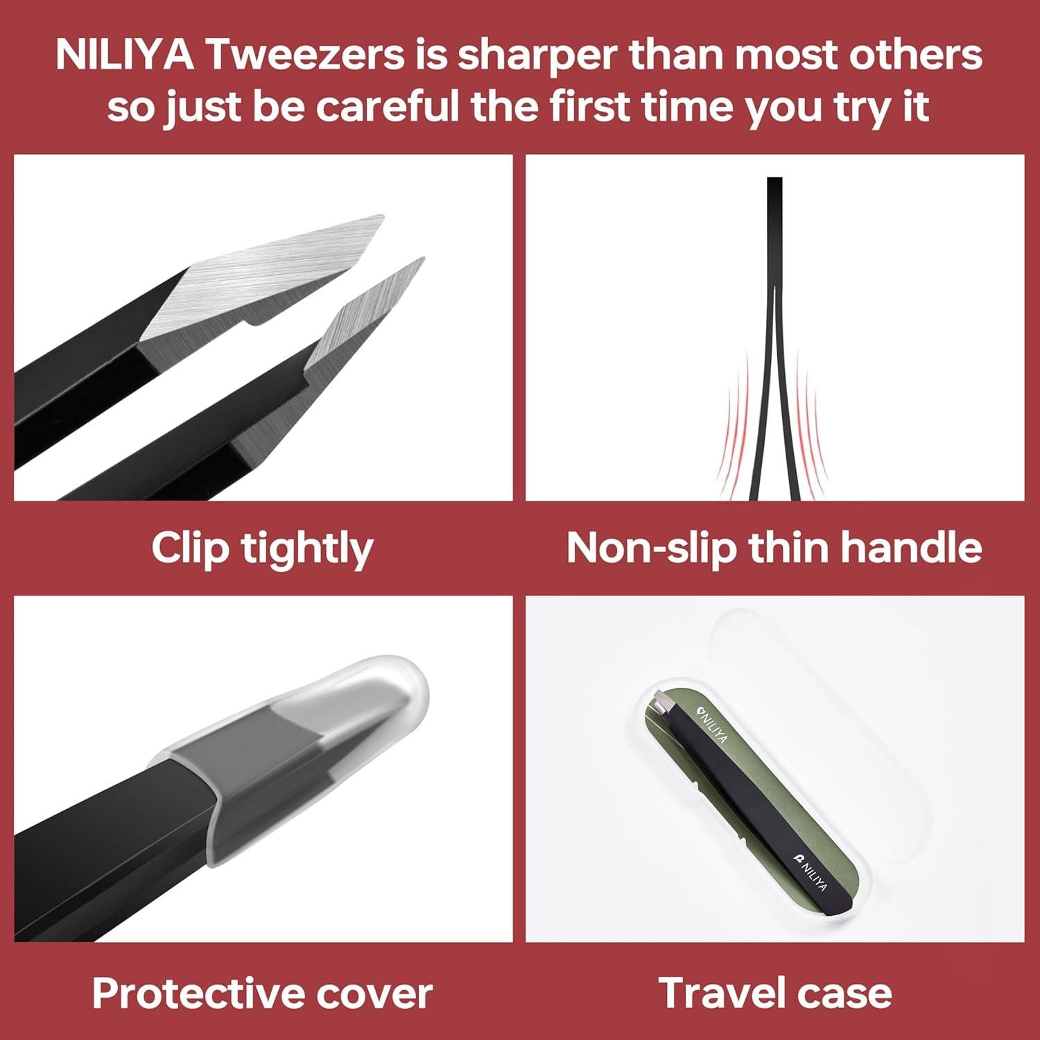 Tweezers for Women Facial Hair, Precision Slant Eyebrow Tweezers, Sharp Plucker for Remove Hair and Blackhead, With Travel Case