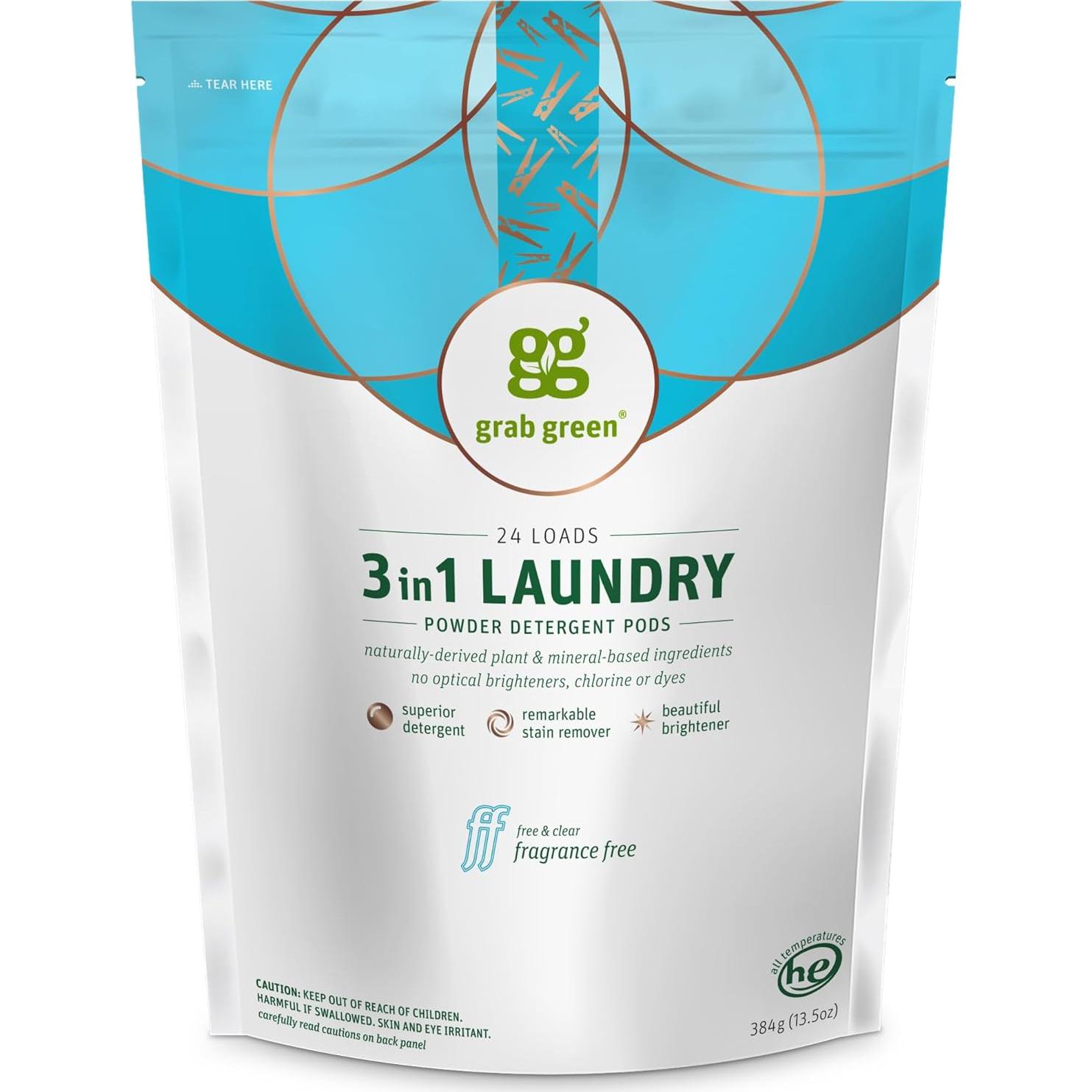 Cápsulas de Detergente para Ropa Grab Green 3 en 1 Sin Fragancia 24 Unidades