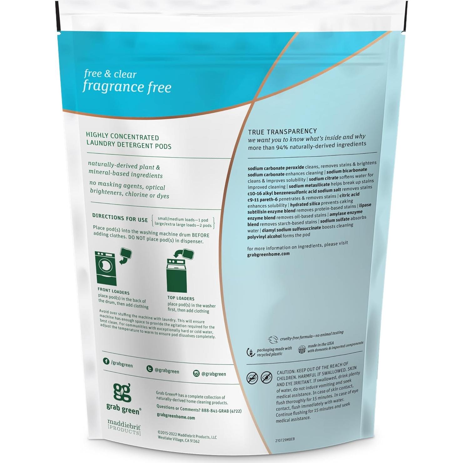 Cápsulas de Detergente para Ropa Grab Green 3 en 1 Sin Fragancia 24 Unidades