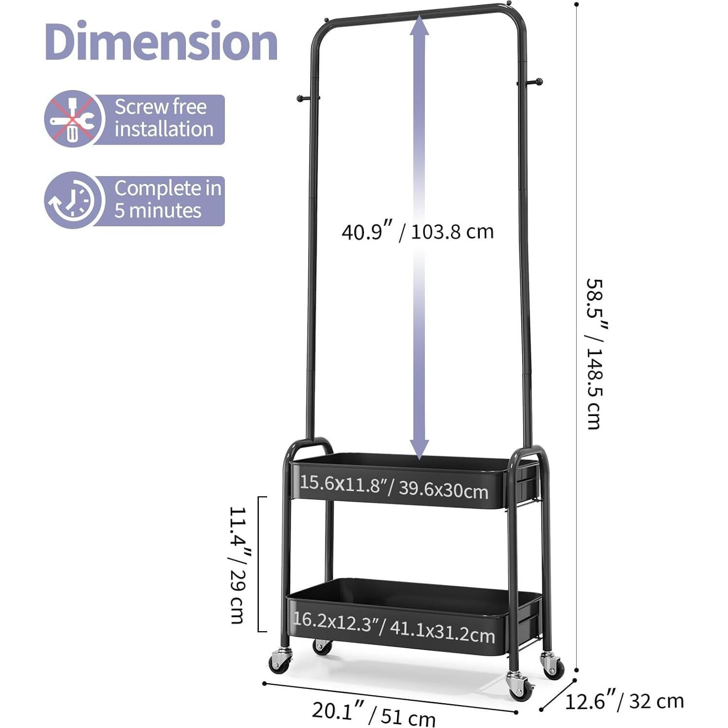 Perchero con Ruedas KINGRACK para Niños, Negro, 148.6 cm