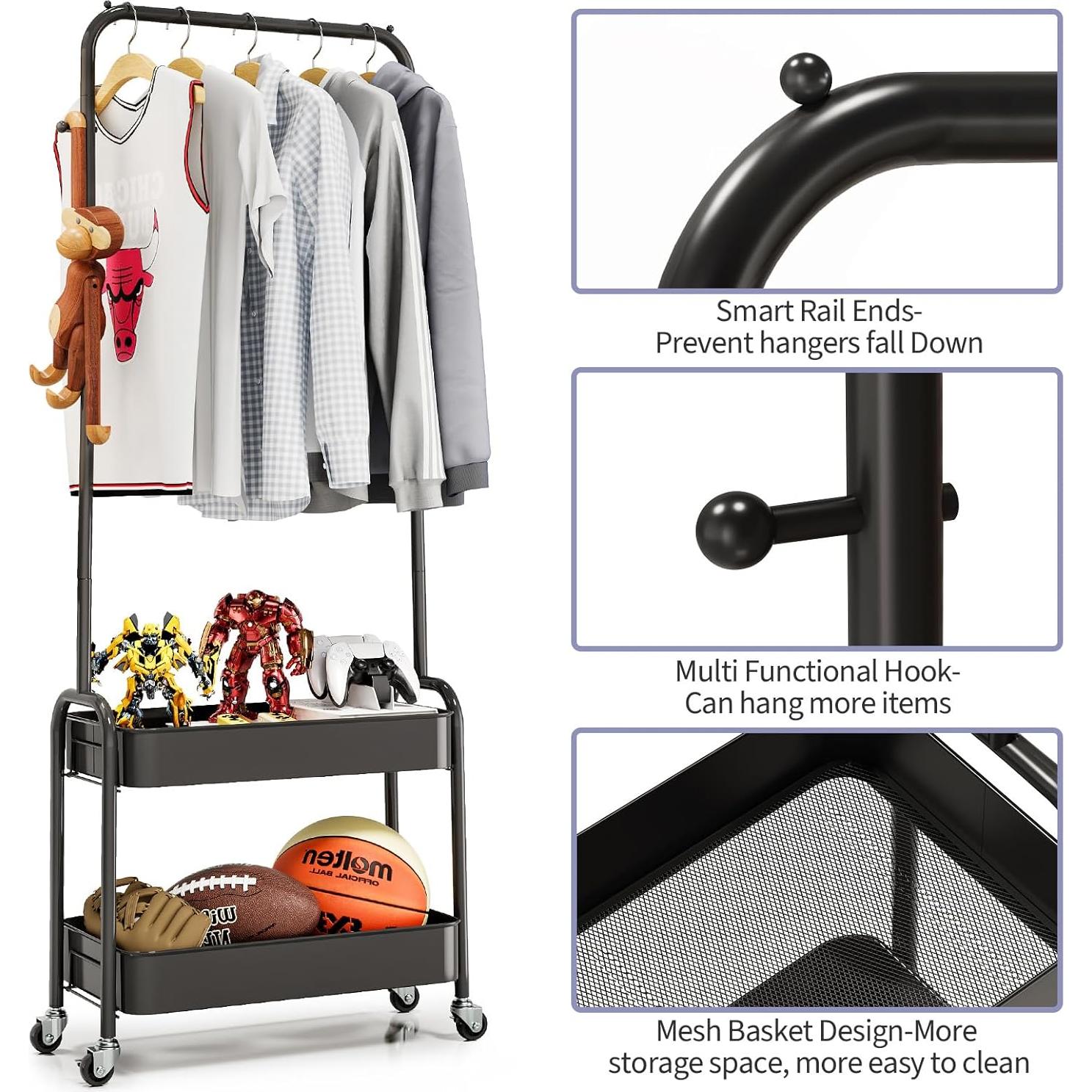 Perchero con Ruedas KINGRACK para Niños, Negro, 148.6 cm