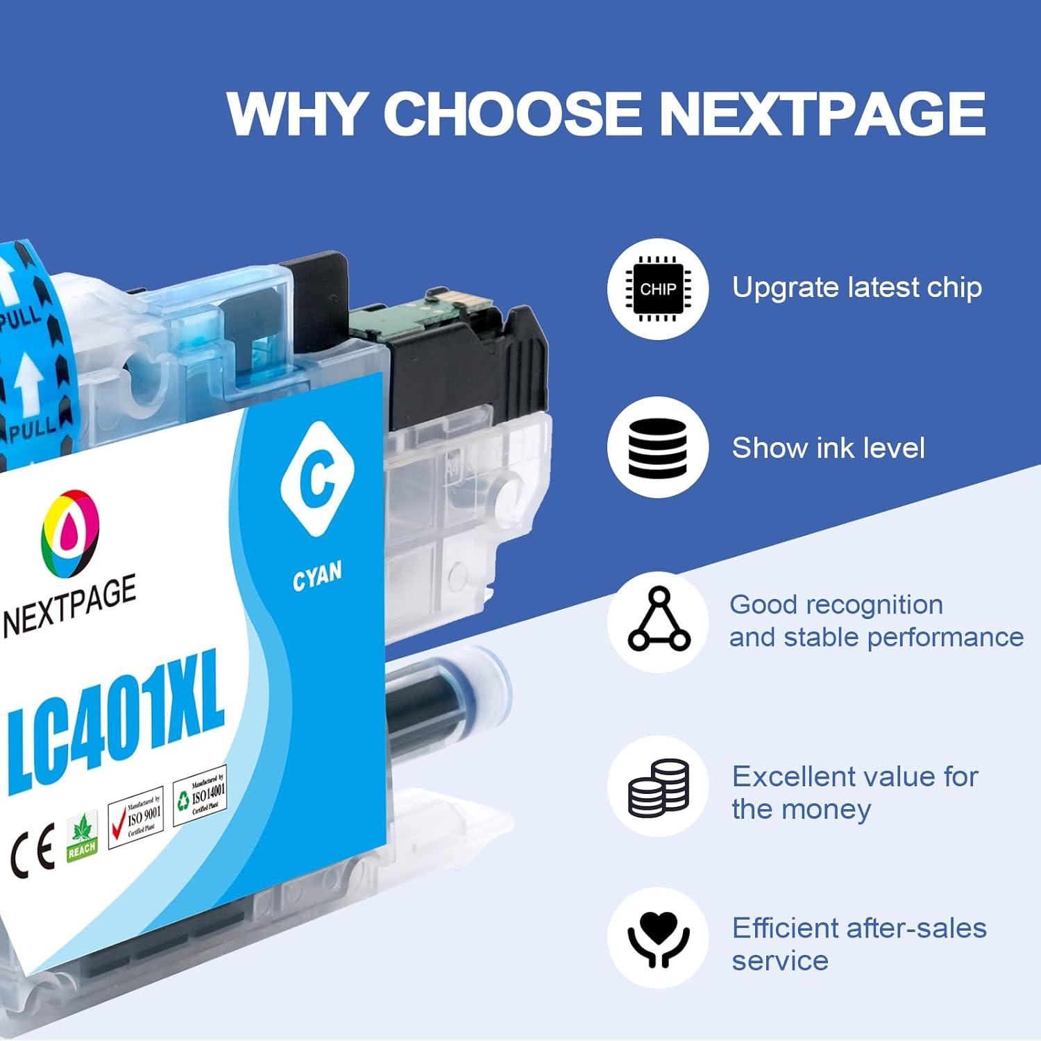 Cartuchos de tinta NEXTPAGE LC401XL para Brother MFC-J1010DW - Paquete de 4