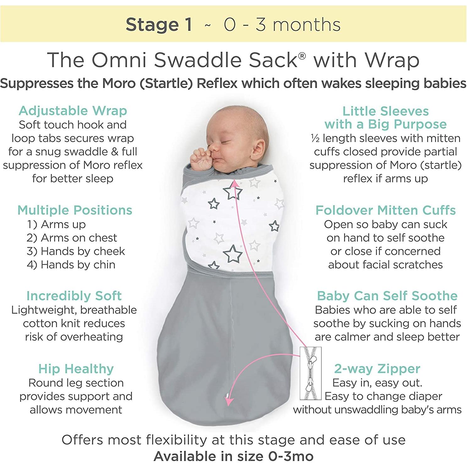 Saco de Dormir Transicional Omni SwaddleDesigns Estrellas Grises 0-3m