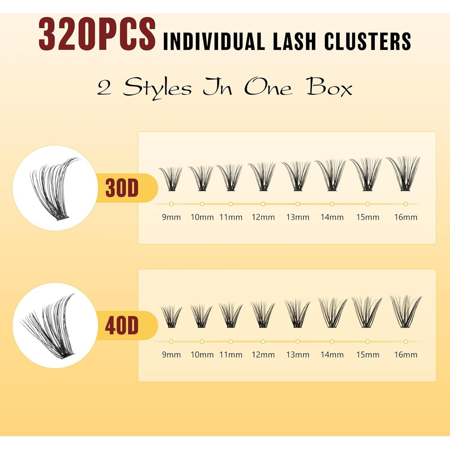 Kit de Grupos de Pestañas QUEWEL 320 Pcs 30D 40D 9-16mm