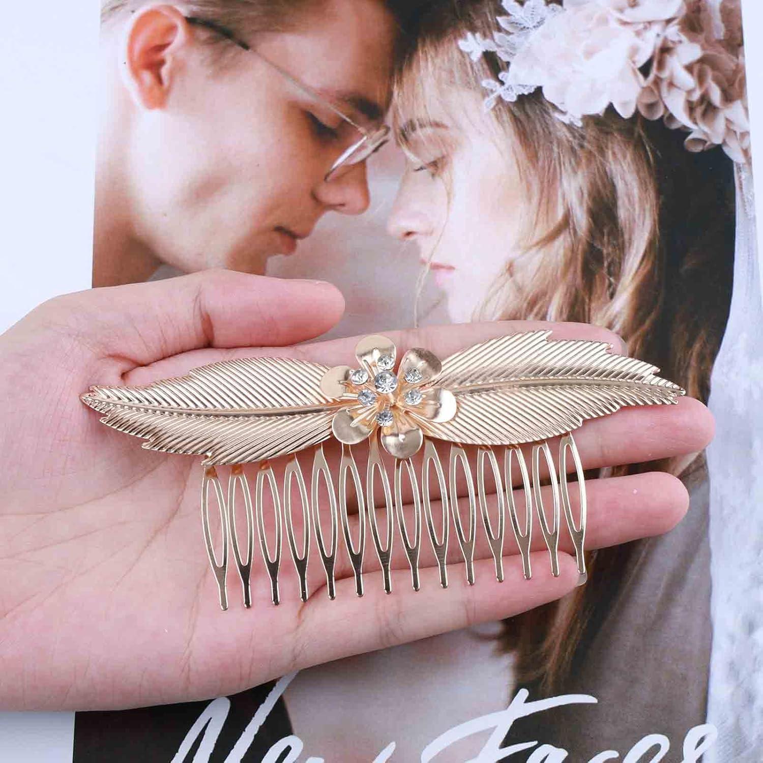 Peina de cabello dorada Yheakne con strass para boda 11.94 cm