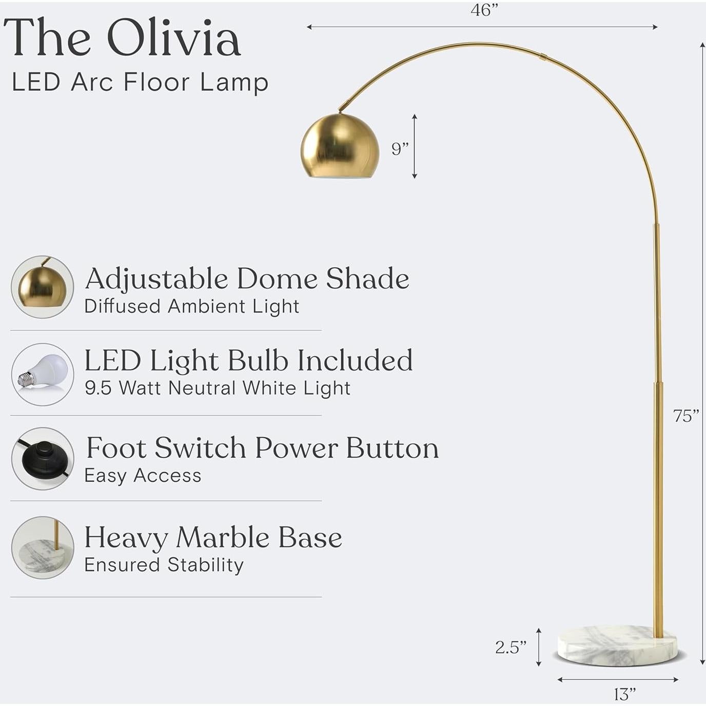 Lámpara de Pie Brightech Olivia Arco 193 cm Latón/Oro LED