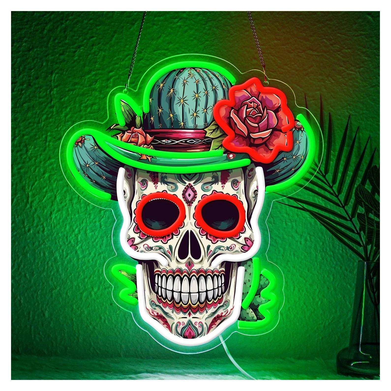 Luz de neón LED Calavera de Azúcar Verde Sneignon 36x32cm