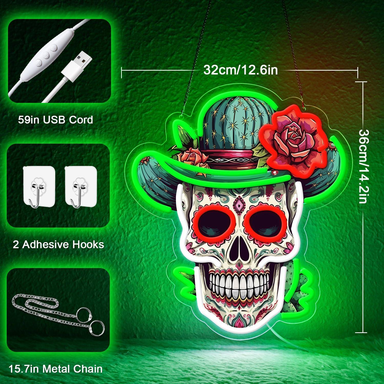Luz de neón LED Calavera de Azúcar Verde Sneignon 36x32cm