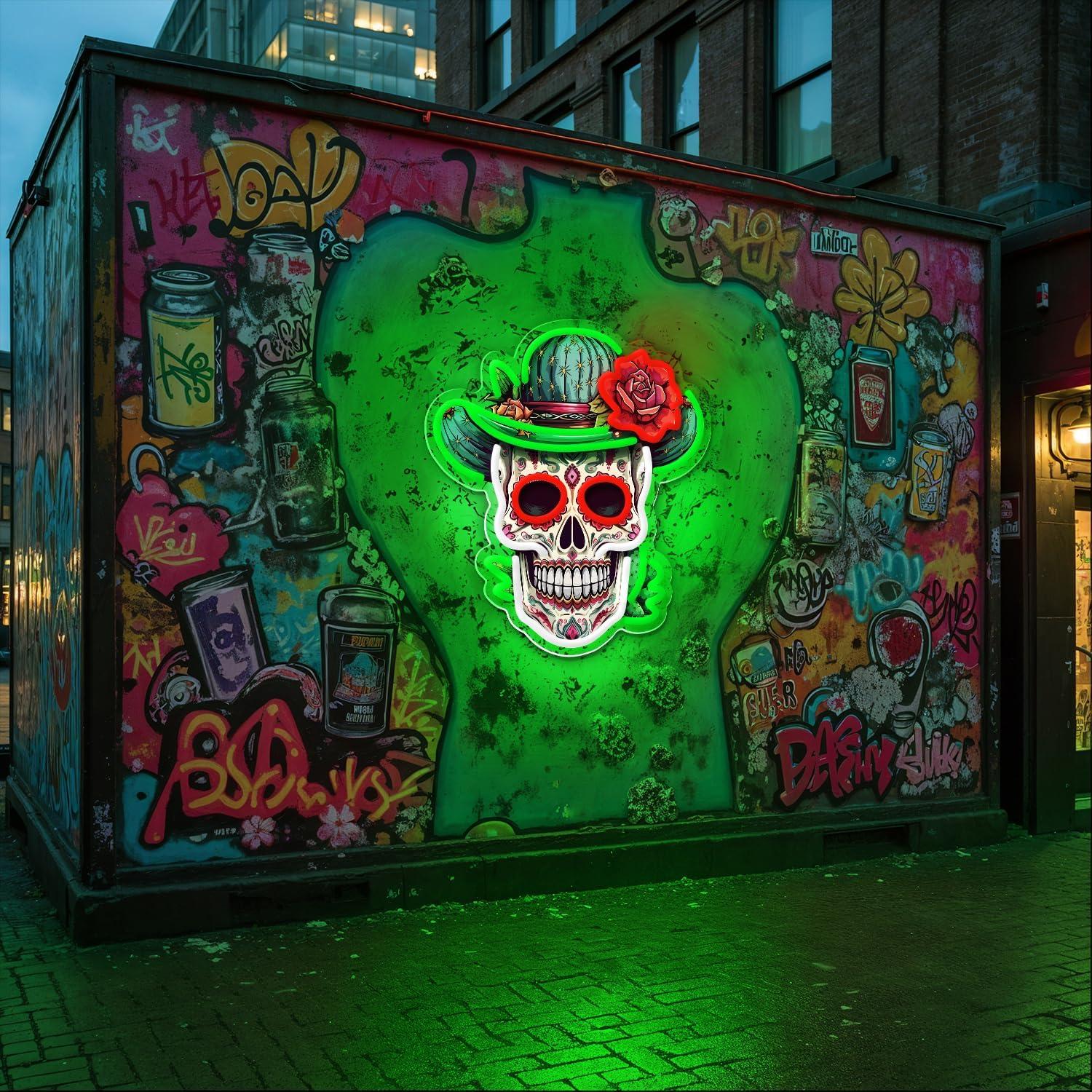 Luz de neón LED Calavera de Azúcar Verde Sneignon 36x32cm