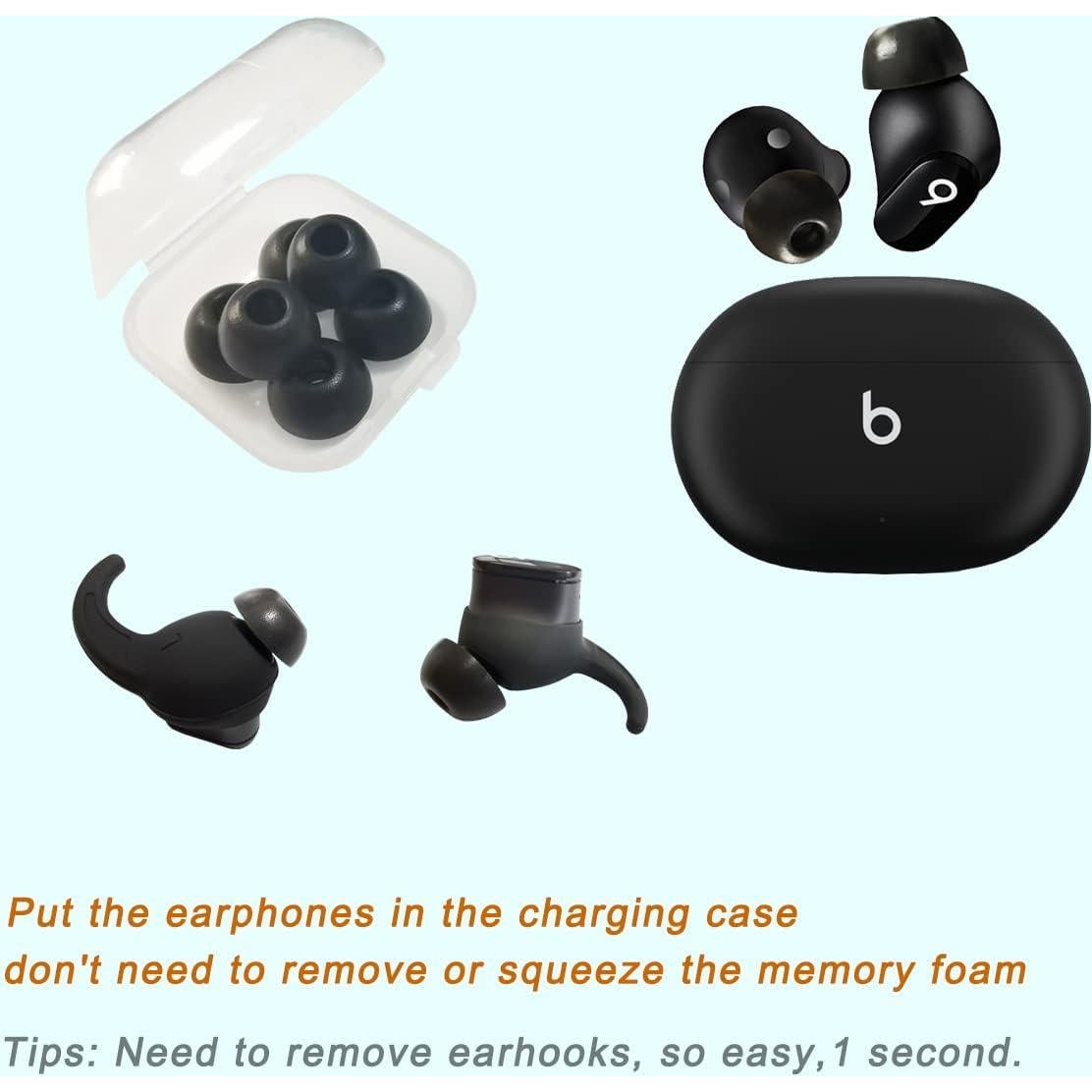 Memory Foam Ear Tips for Beats Studio Buds Earhooks for Beats Earbuds Replacement Grip Cover for Beats Studio Buds+ Ear Tips fit in Charging Case, Black