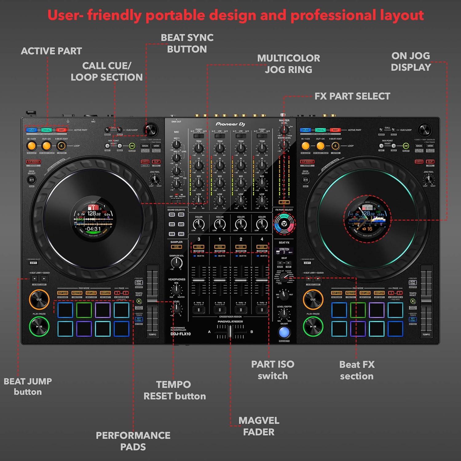 Controlador DJ Pioneer DDJ-FLX10 4 Canales con Estuche y Accesorios
