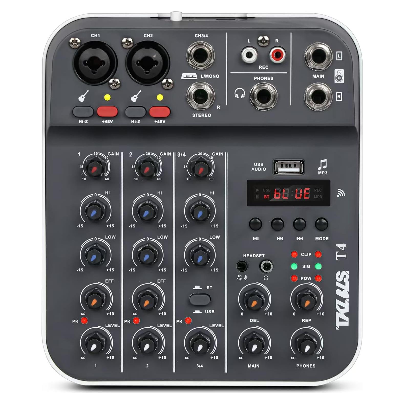 Mezclador de Audio Profesional TKLBLS T4 4 Canales USB/Bluetooth