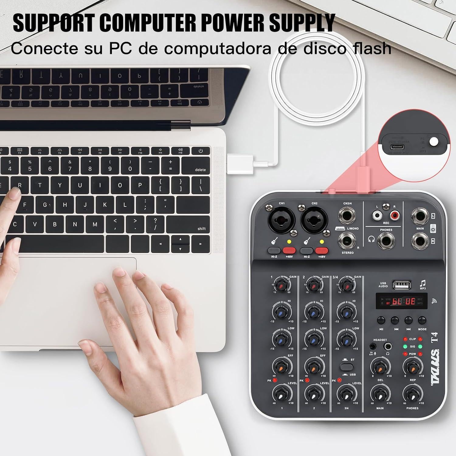 Mezclador de Audio Profesional TKLBLS T4 4 Canales USB/Bluetooth