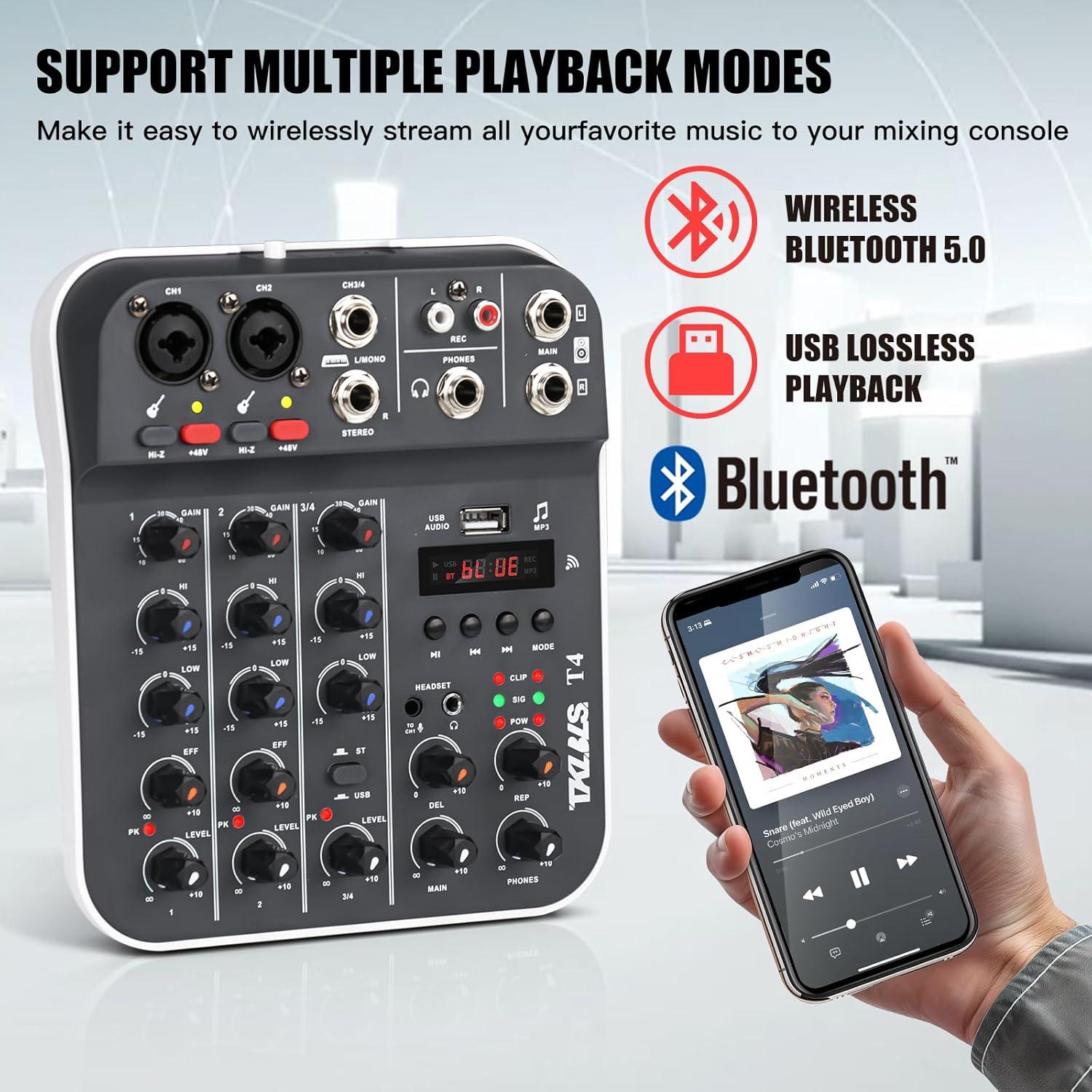 Mezclador de Audio Profesional TKLBLS T4 4 Canales USB/Bluetooth