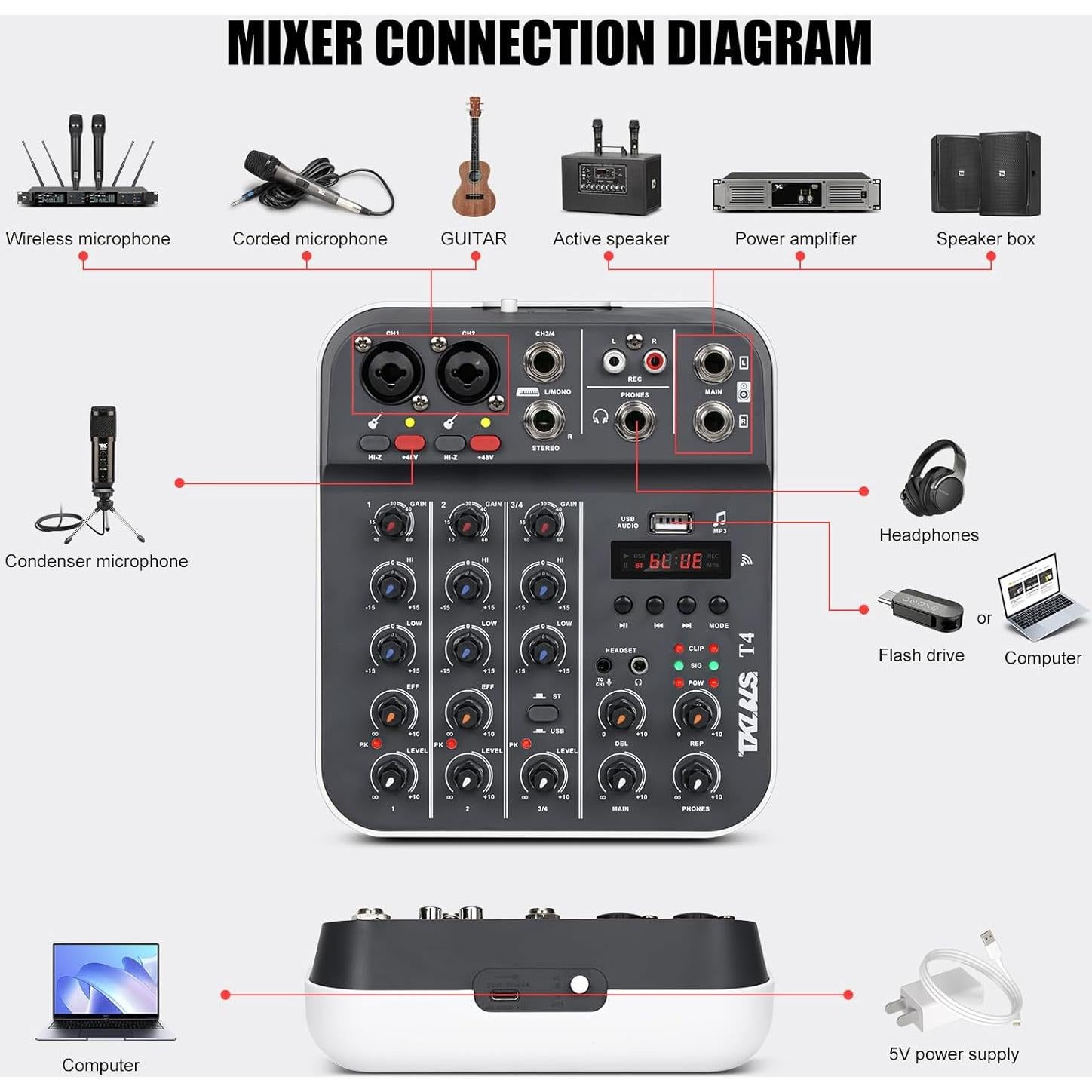 Mezclador de Audio Profesional TKLBLS T4 4 Canales USB/Bluetooth