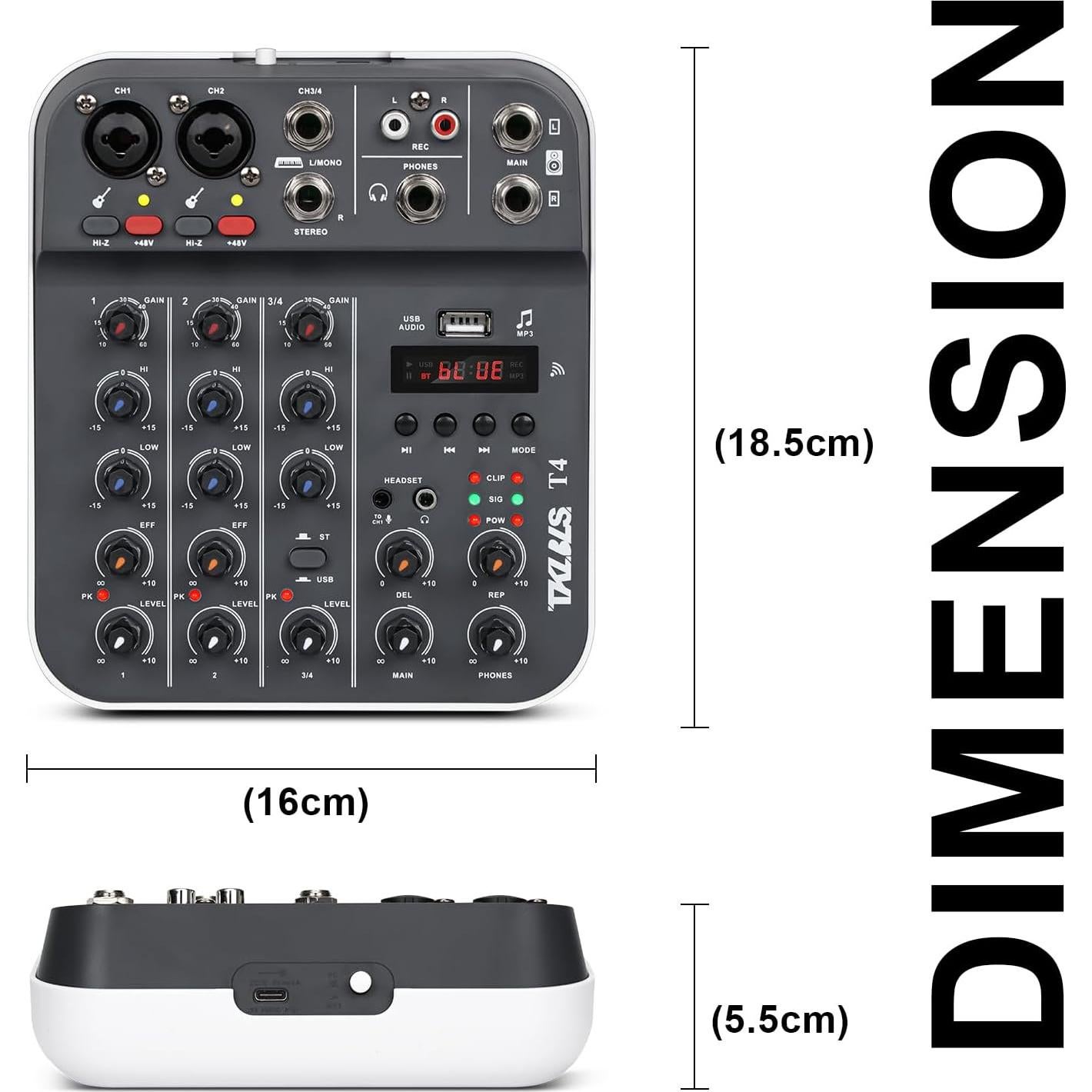 Mezclador de Audio Profesional TKLBLS T4 4 Canales USB/Bluetooth